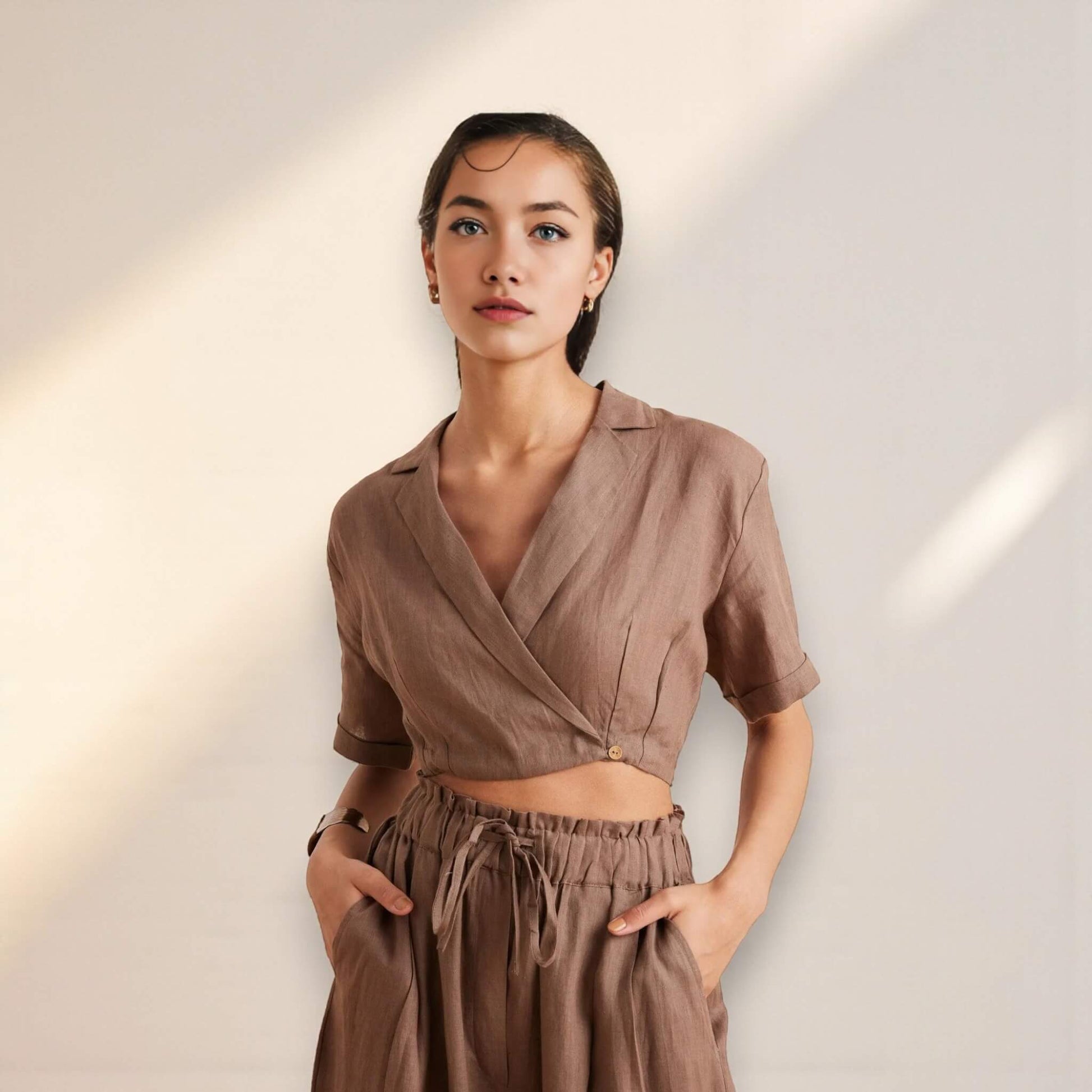 Linen Set Women, Linen Wrap Crop Top And Wide Leg Pants Set
