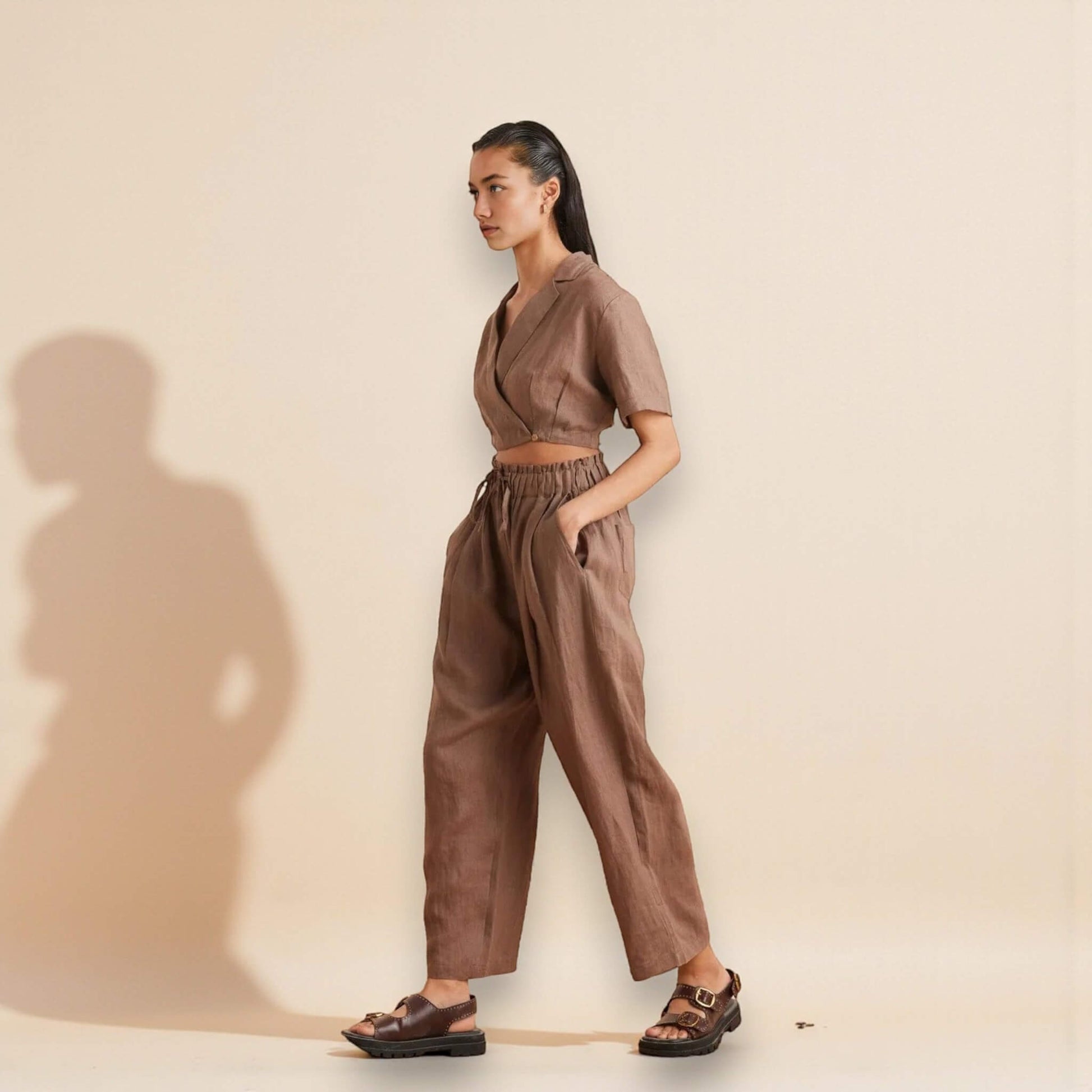Linen Set Women, Linen Wrap Crop Top And Wide Leg Pants Set