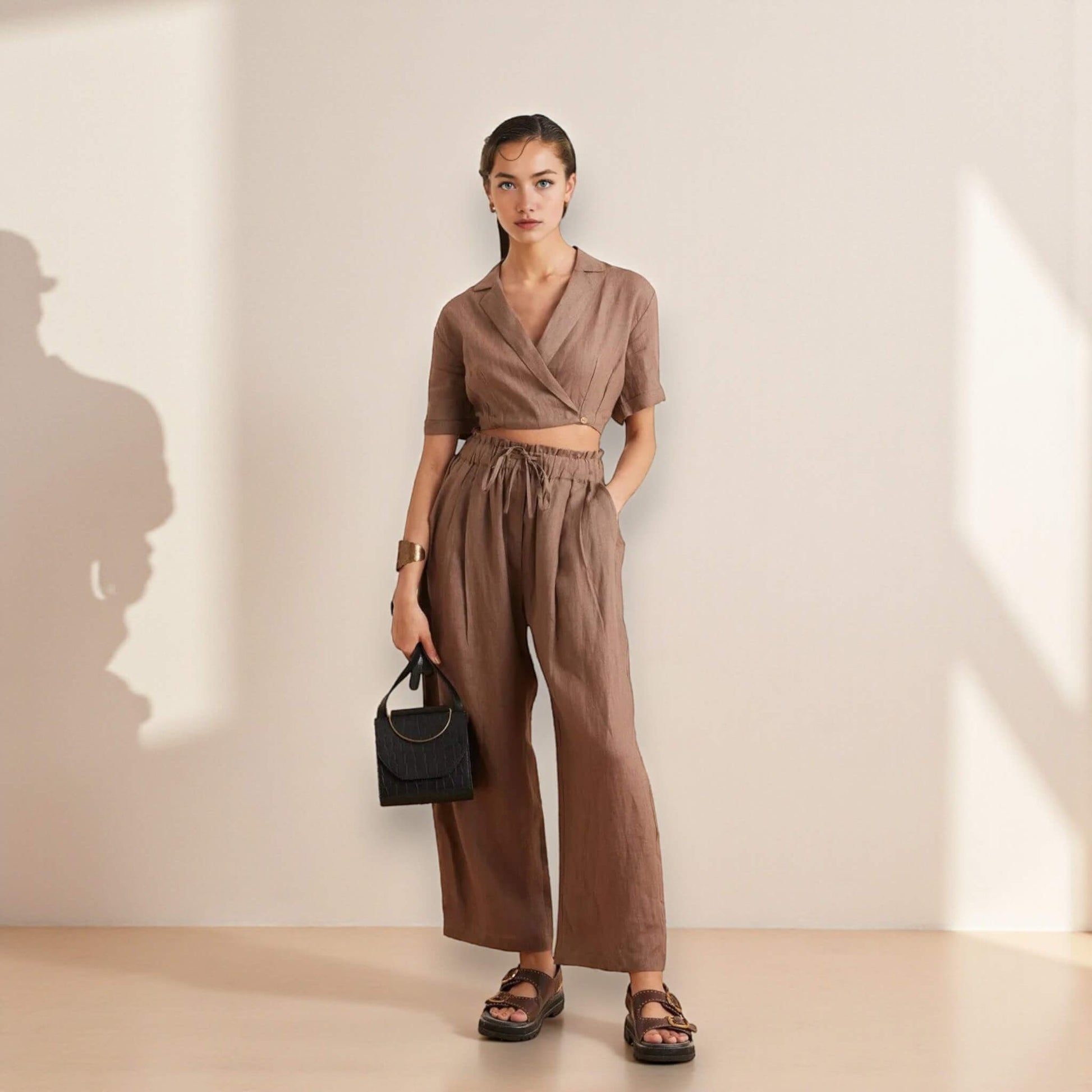 Linen Set Women, Linen Wrap Crop Top And Wide Leg Pants Set