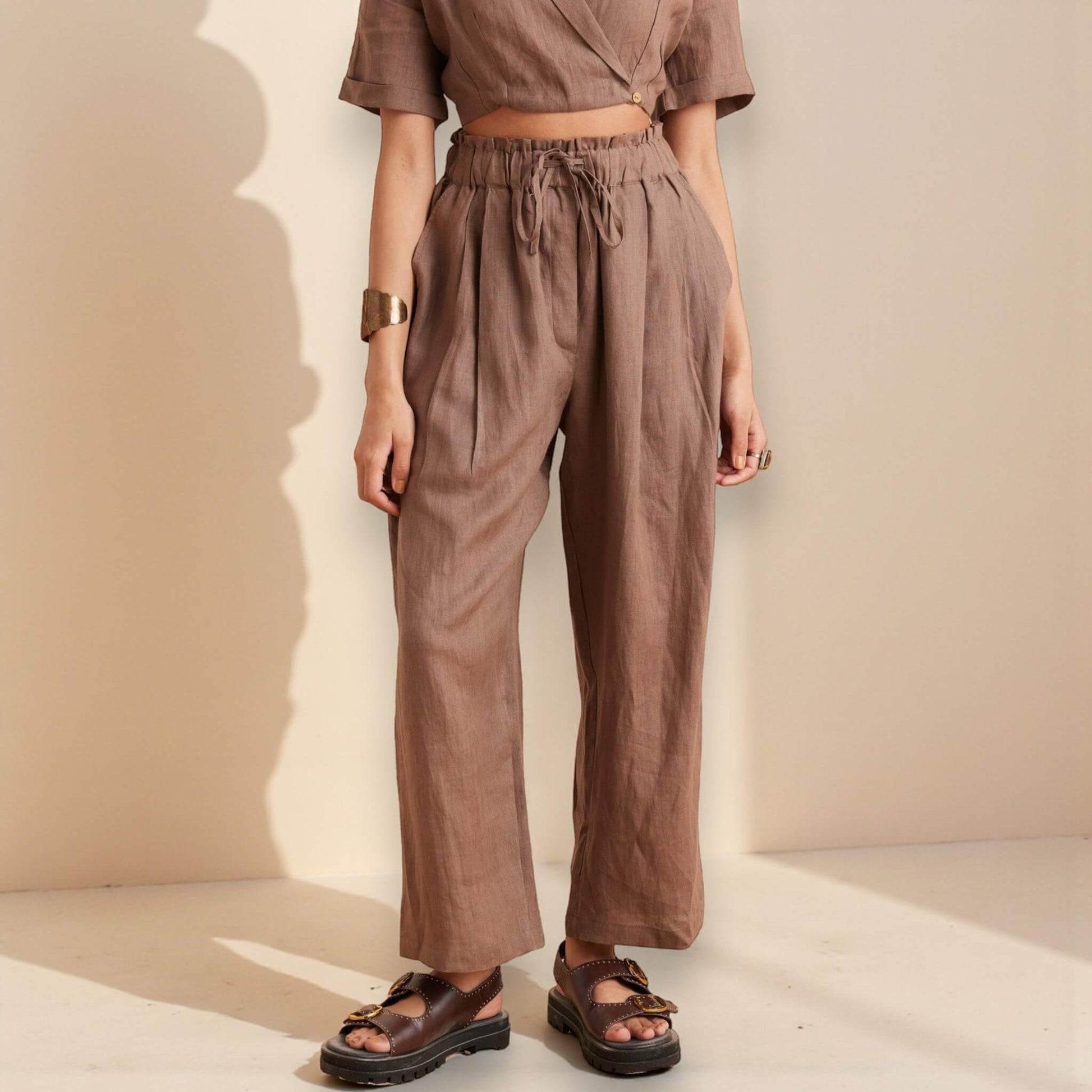 Linen Set Women, Linen Wrap Crop Top And Wide Leg Pants Set