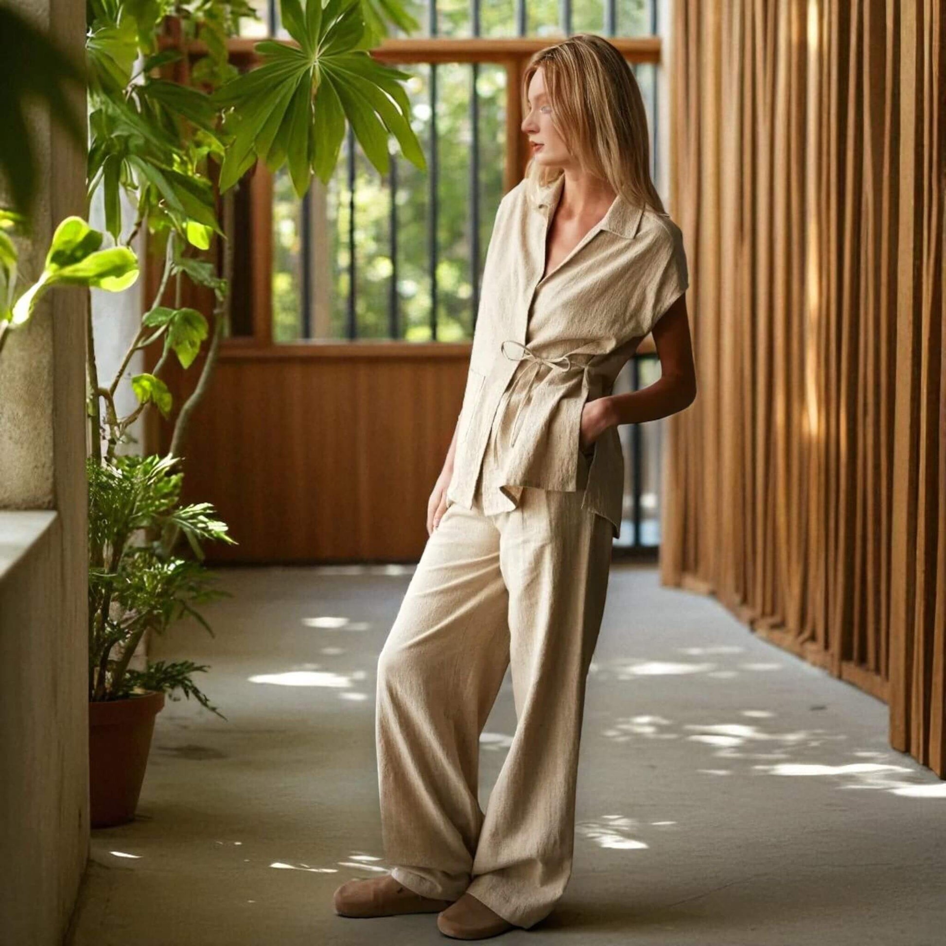 Linen Set Women, Linen Wrap Top And Wide Leg Pants Set