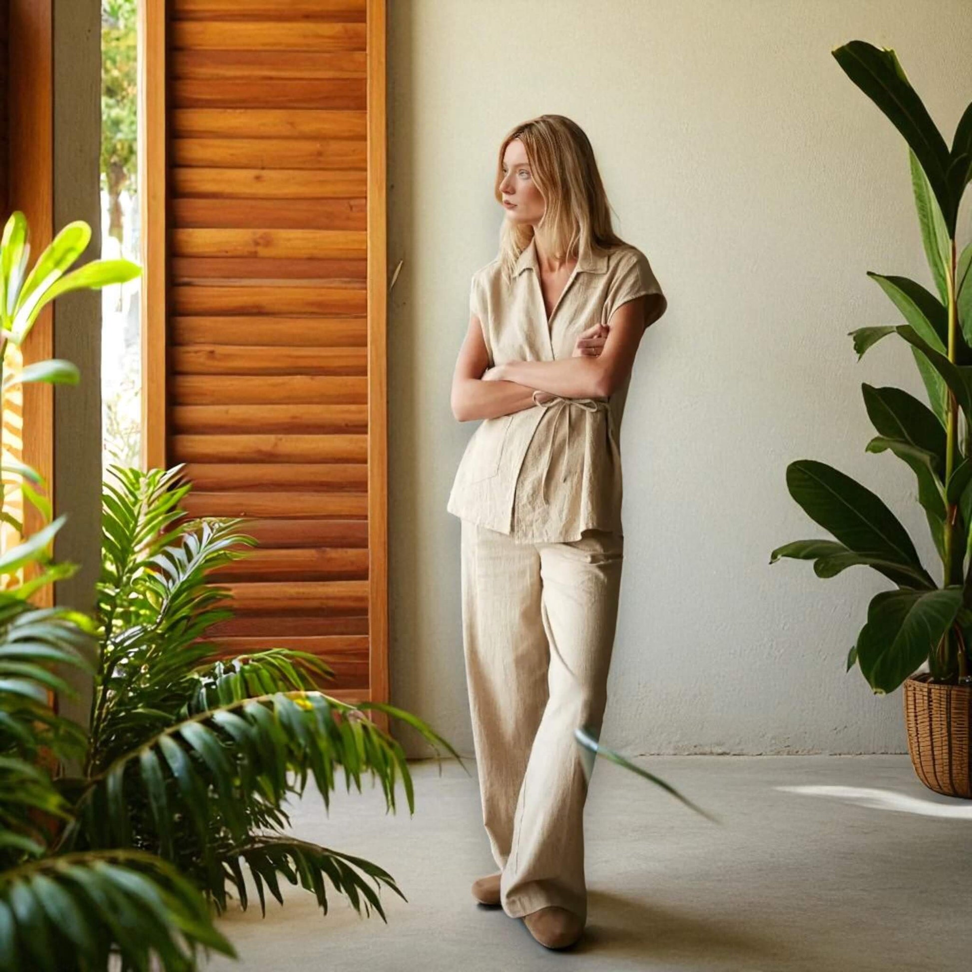 Linen Set Women, Linen Wrap Top And Wide Leg Pants Set