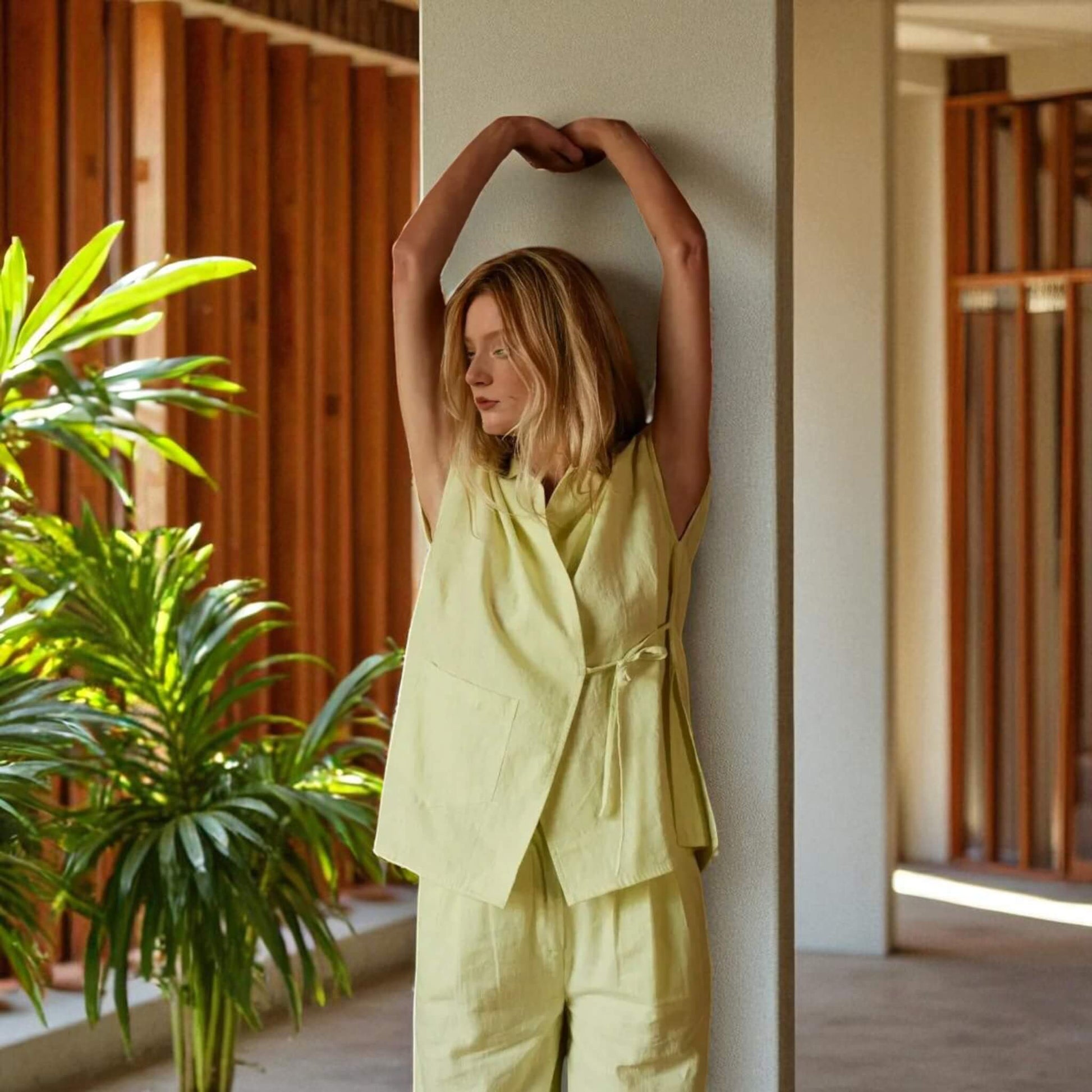 Linen Set Women, Linen Wrap Top And Wide Leg Pants Set