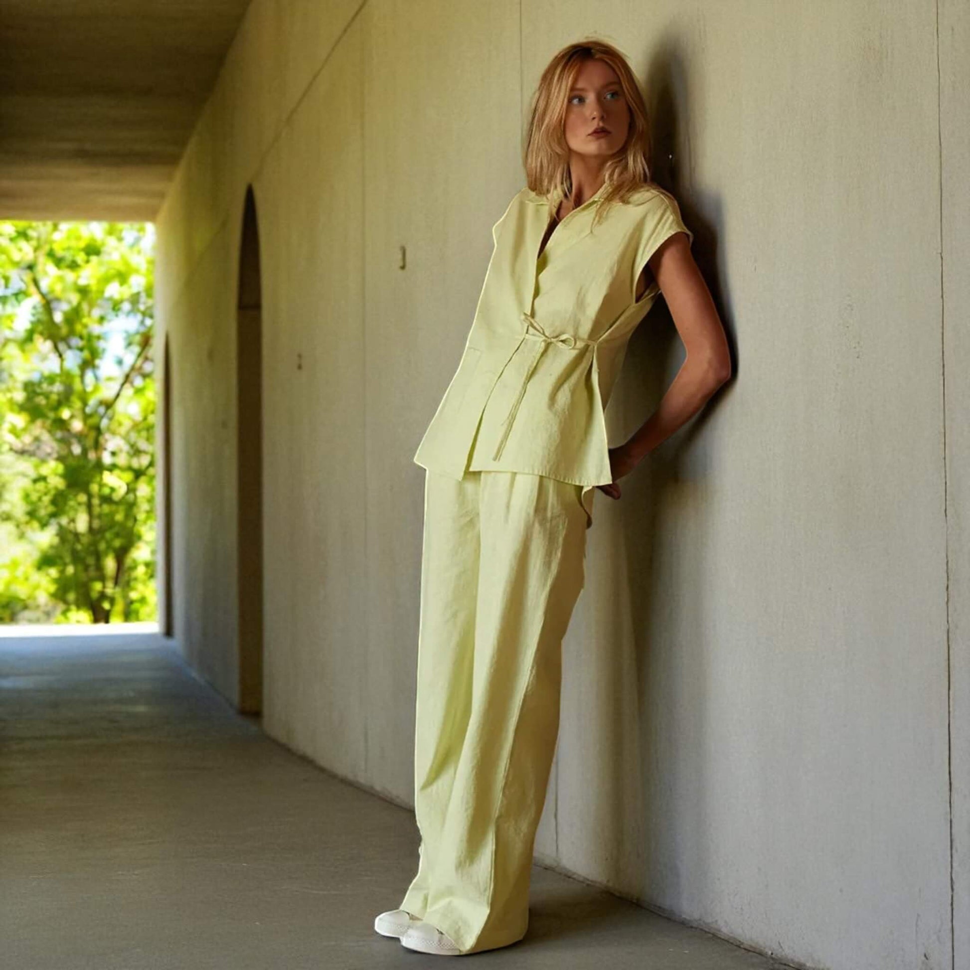 Linen Set Women, Linen Wrap Top And Wide Leg Pants Set