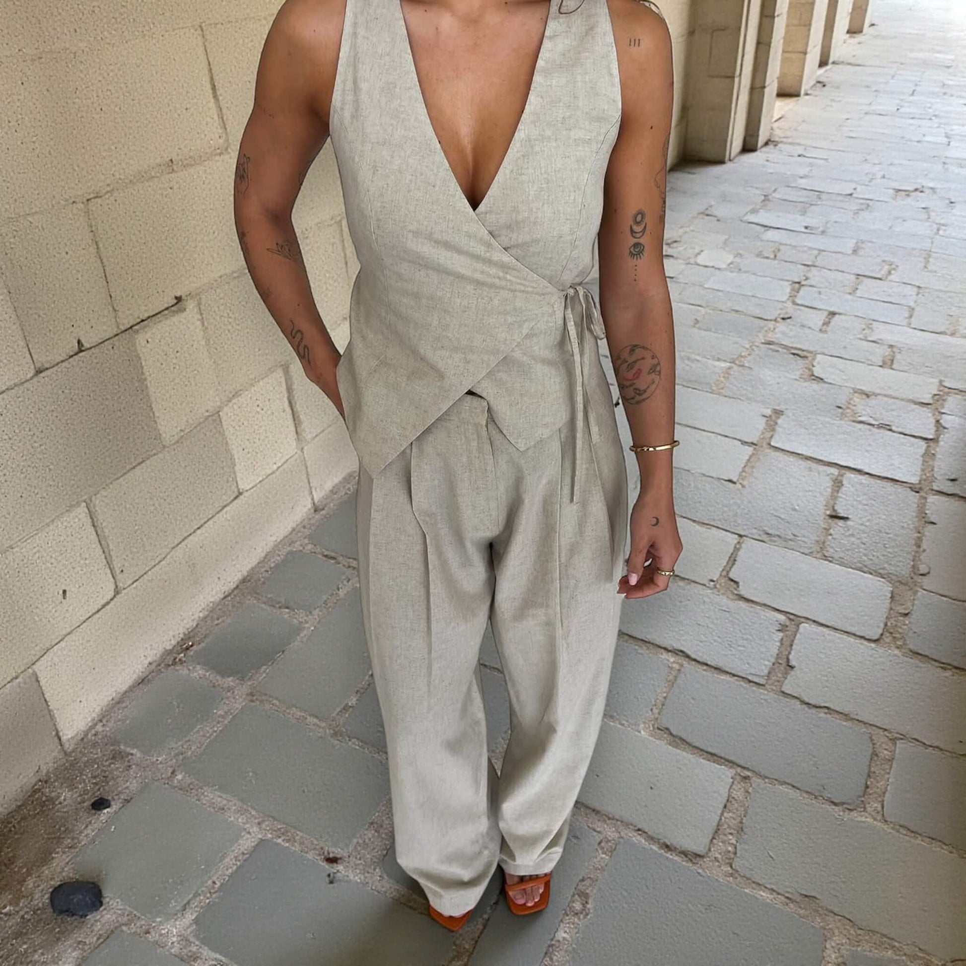 Linen Set Women, Linen Wrap Waistcoat And Wide Leg Pants Set