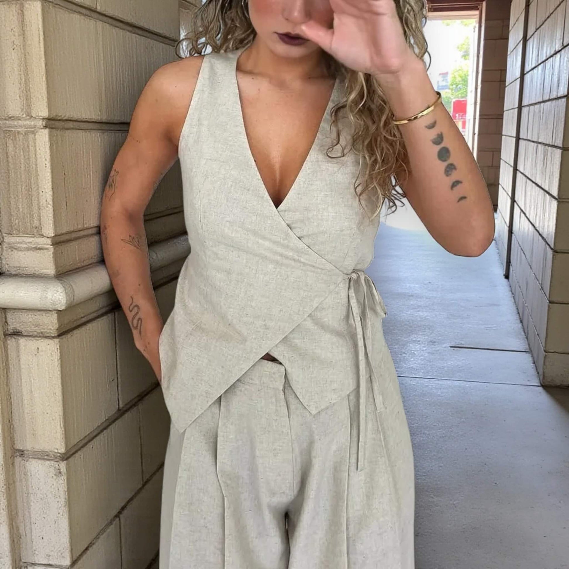 Linen Set Women, Linen Wrap Waistcoat And Wide Leg Pants Set