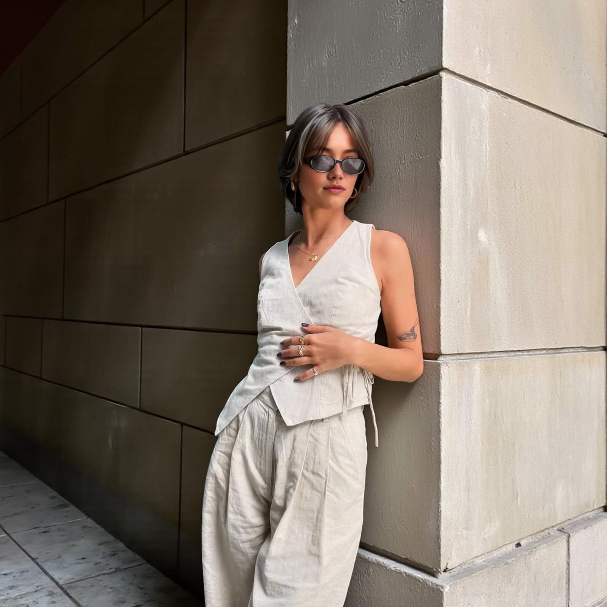 Linen Set Women, Linen Wrap Waistcoat And Wide Leg Pants Set