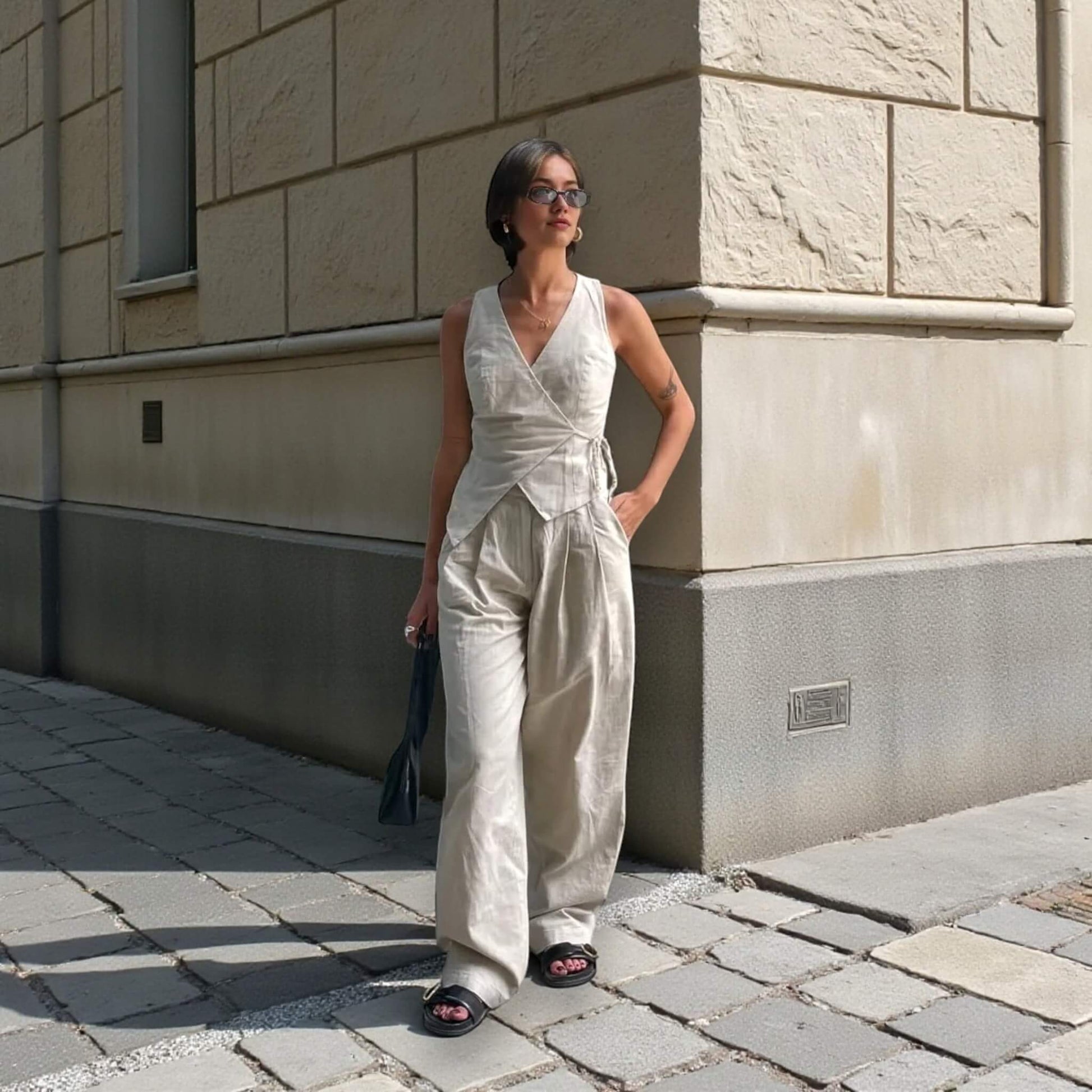 Linen Set Women, Linen Wrap Waistcoat And Wide Leg Pants Set