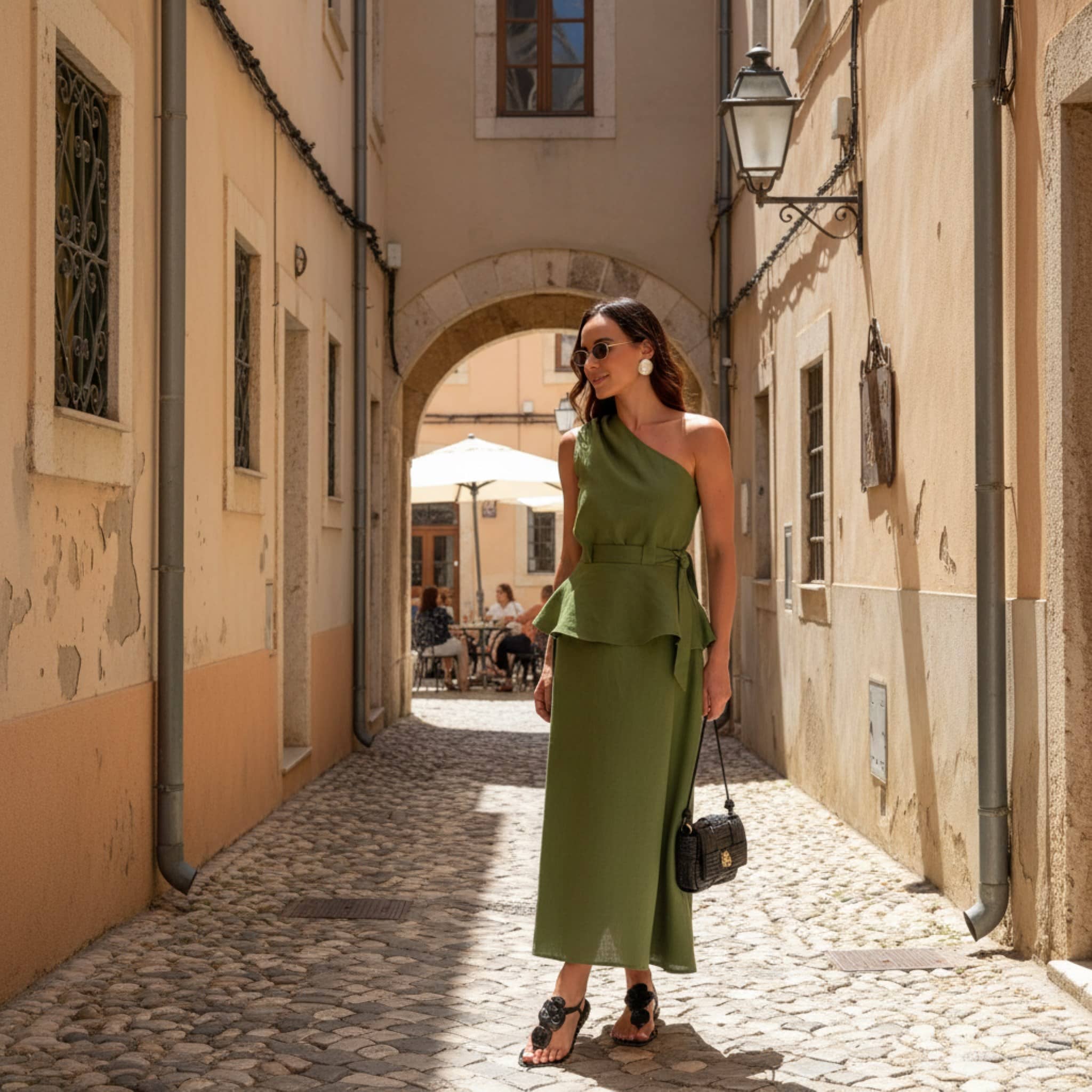 Linen Set Women, One Shoulder Peplum Top And Maxi Skirt Set