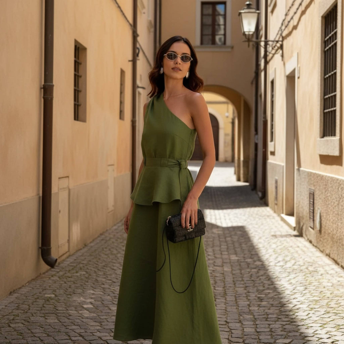 Linen Set Women, One Shoulder Peplum Top And Maxi Skirt Set
