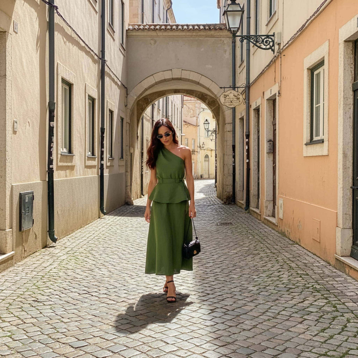 Linen Set Women, One Shoulder Peplum Top And Maxi Skirt Set