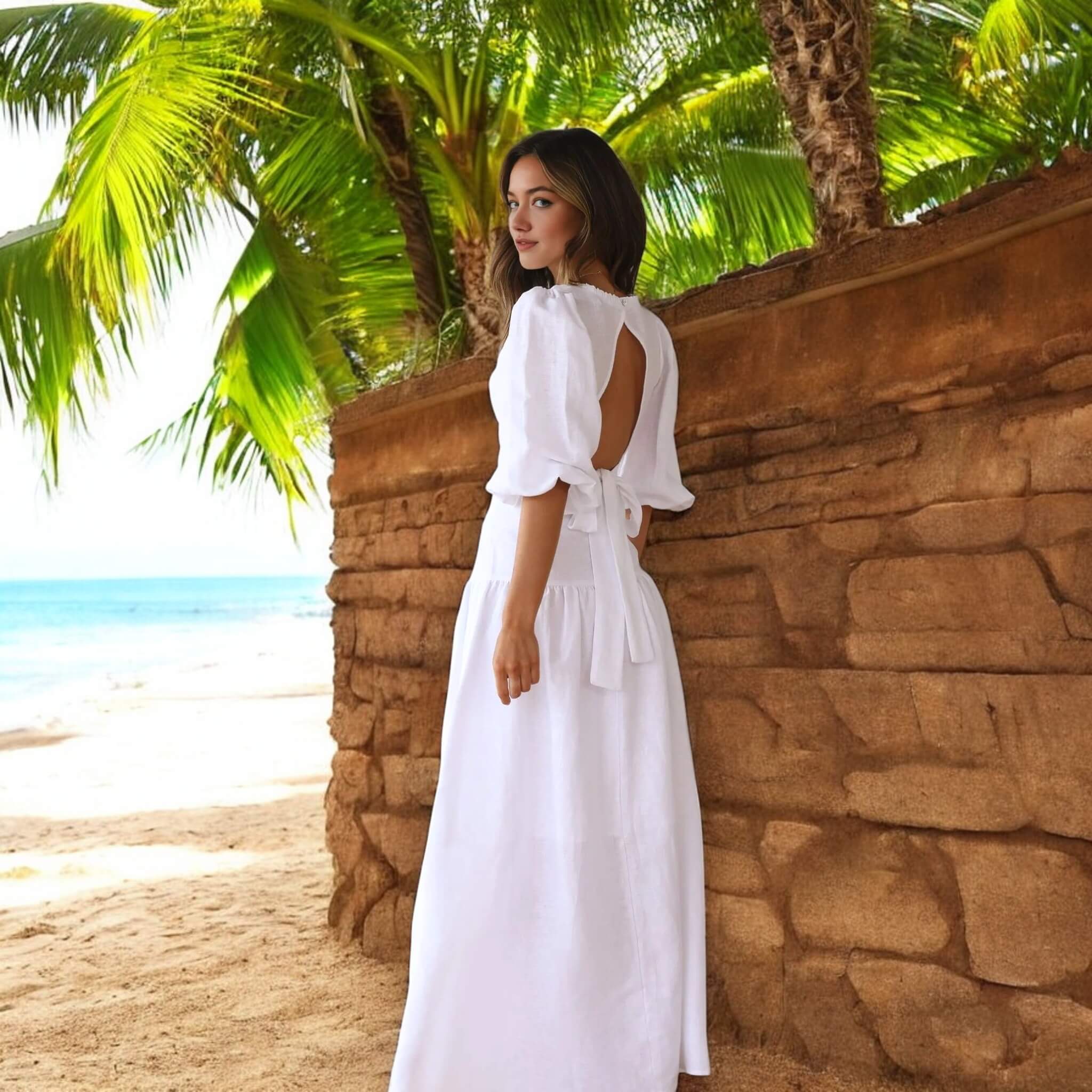 Linen Set Women, Puff Sleeve Linen Crop Top And Slit Maxi Skirt Set