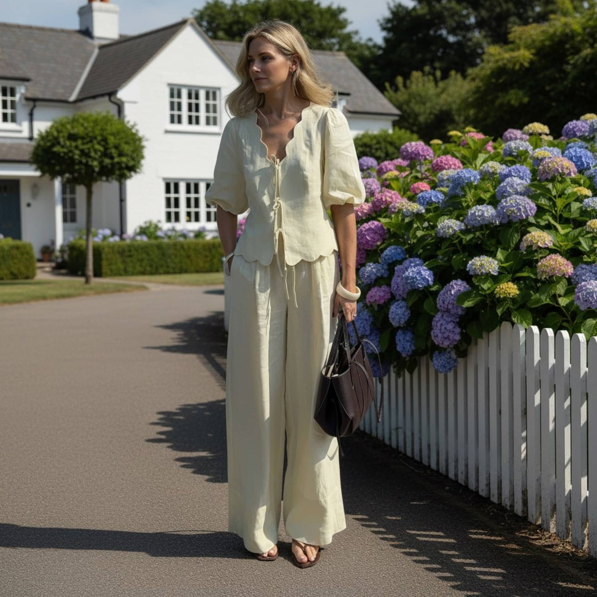 Linen Set Women, Puff Sleeve Linen Top And Wide Leg Pants Set