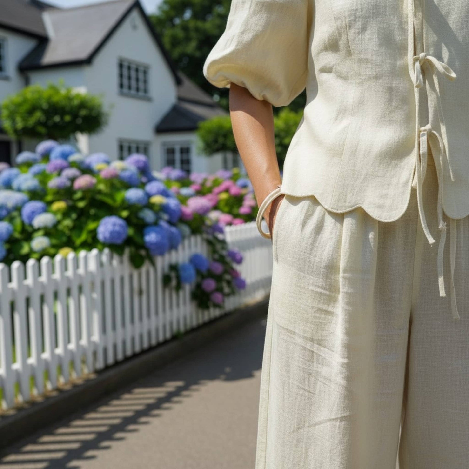 Linen Set Women, Puff Sleeve Linen Top And Wide Leg Pants Set