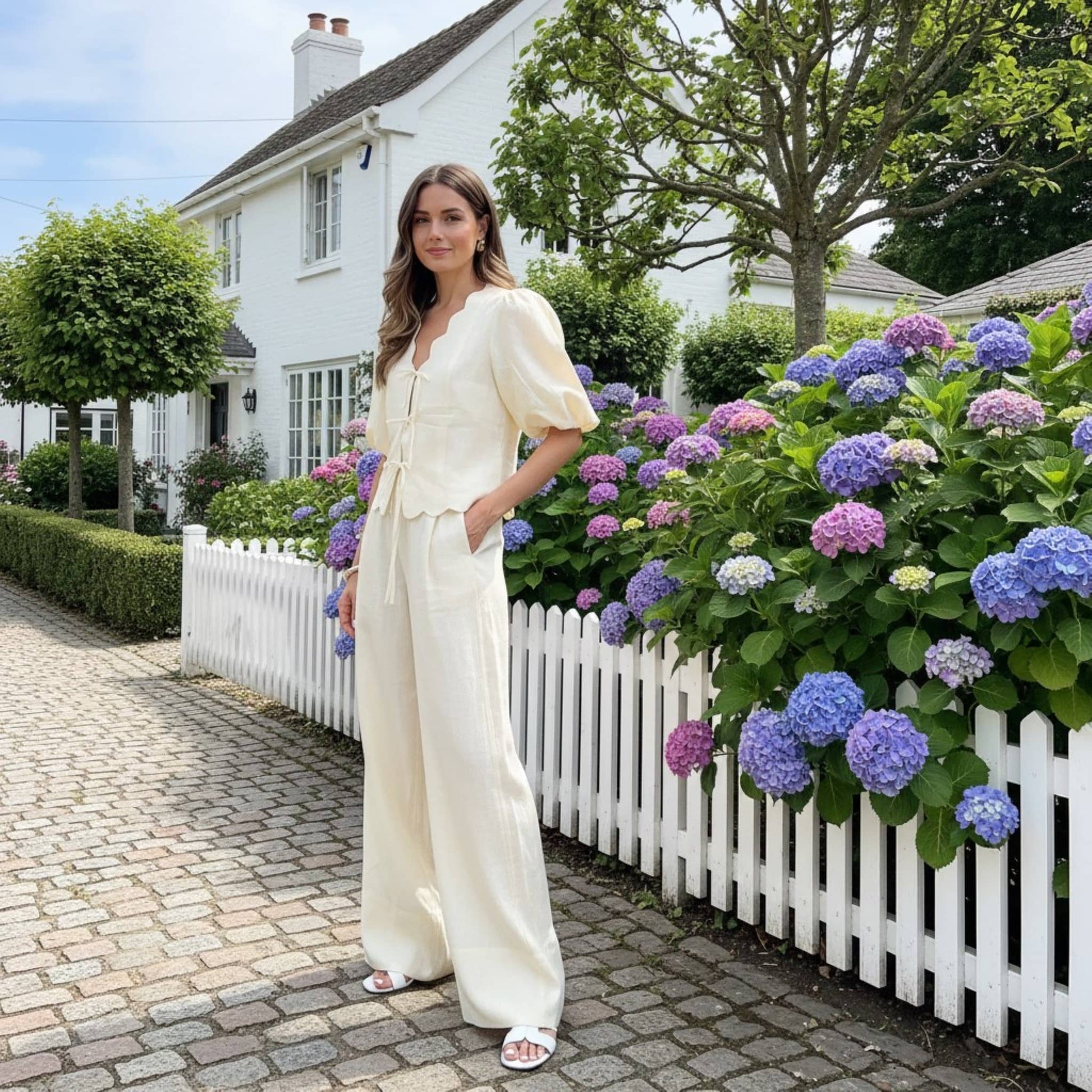 Linen Set Women, Puff Sleeve Linen Top And Wide Leg Pants Set