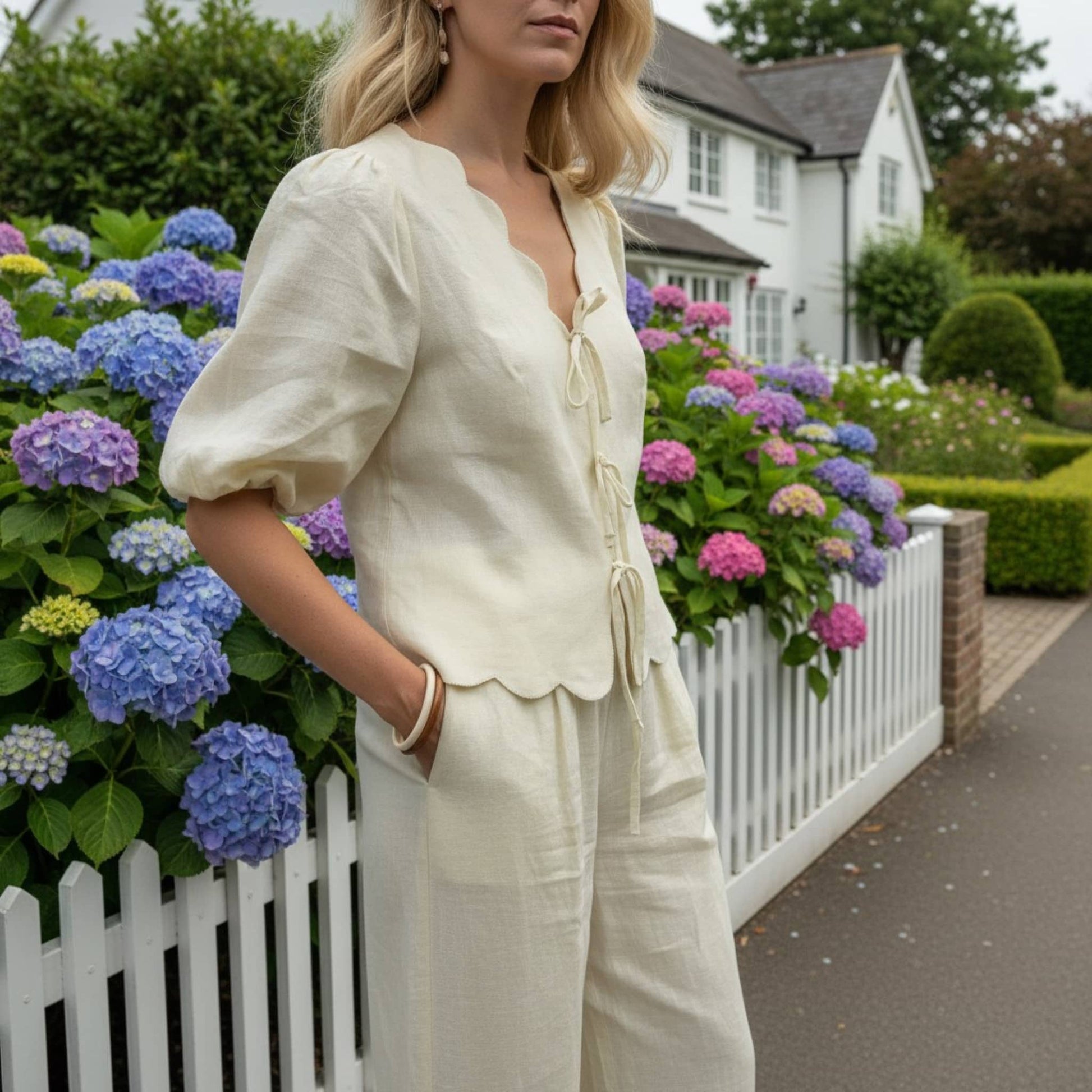 Linen Set Women, Puff Sleeve Linen Top And Wide Leg Pants Set