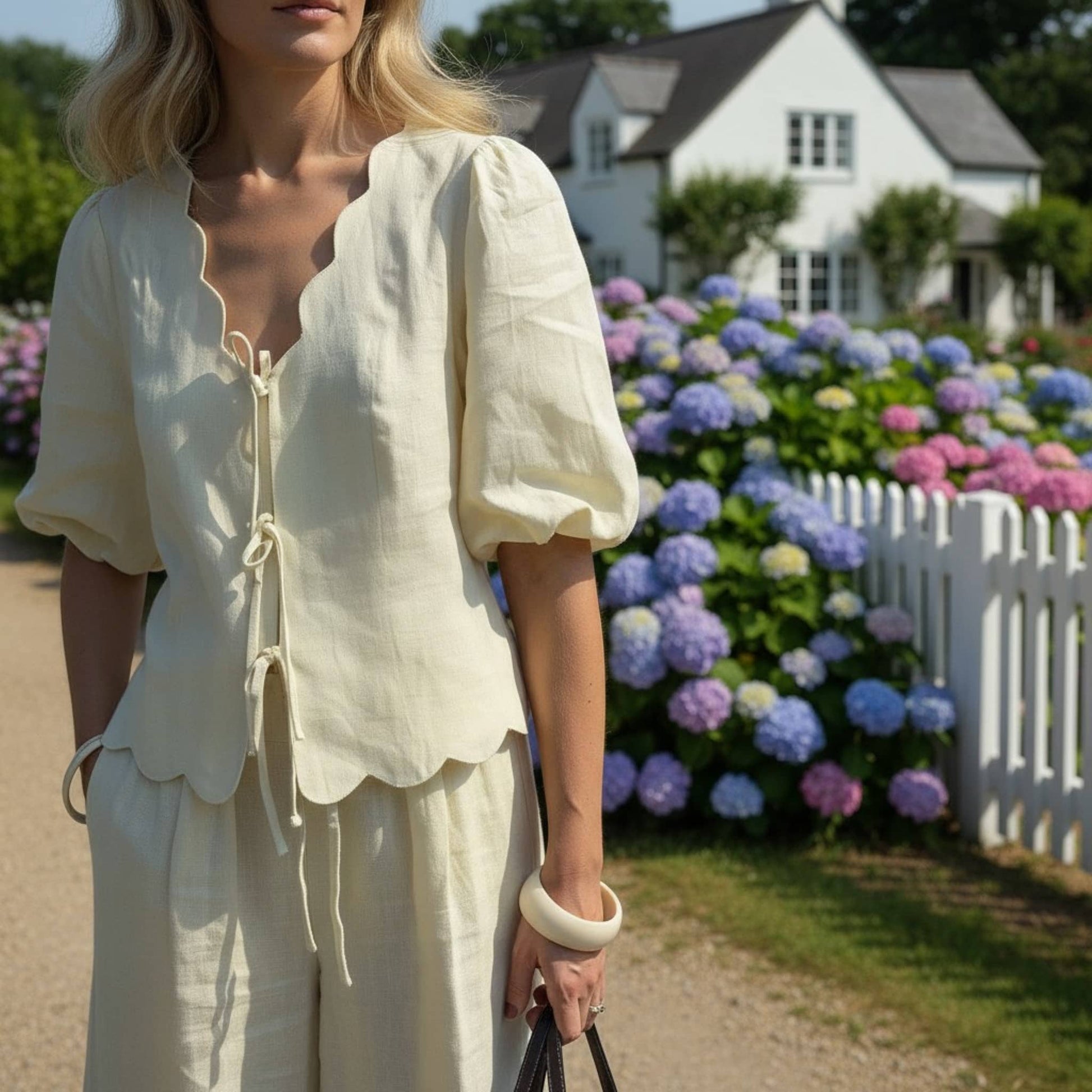 Linen Set Women, Puff Sleeve Linen Top And Wide Leg Pants Set