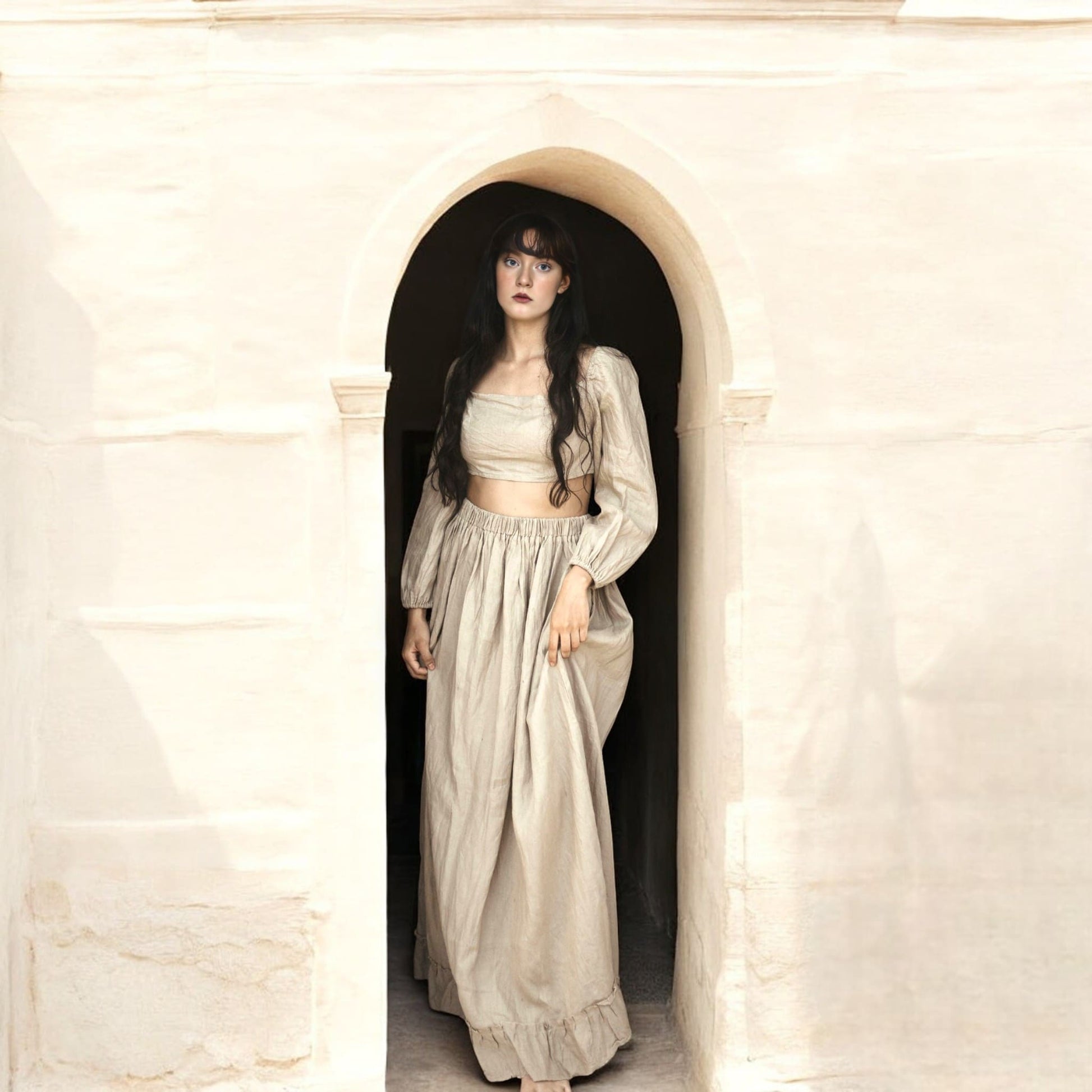 Linen Set Women, Puff Sleeve Top and Ruffle Maxi Skirt Set