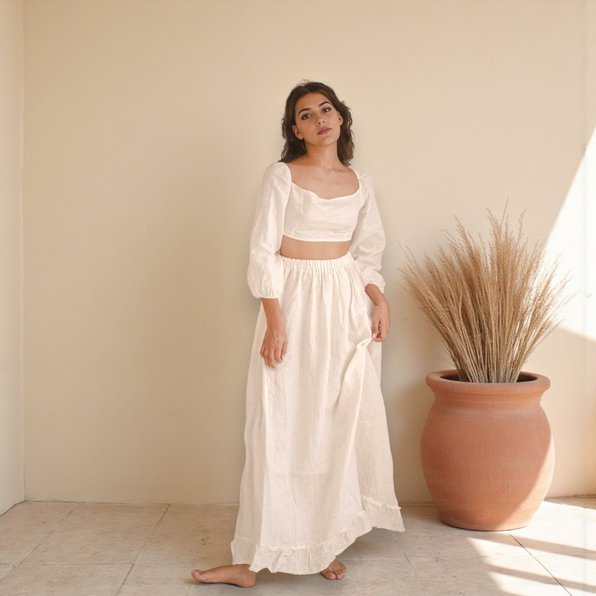 Linen Set Women, Puff Sleeve Top and Ruffle Maxi Skirt Set