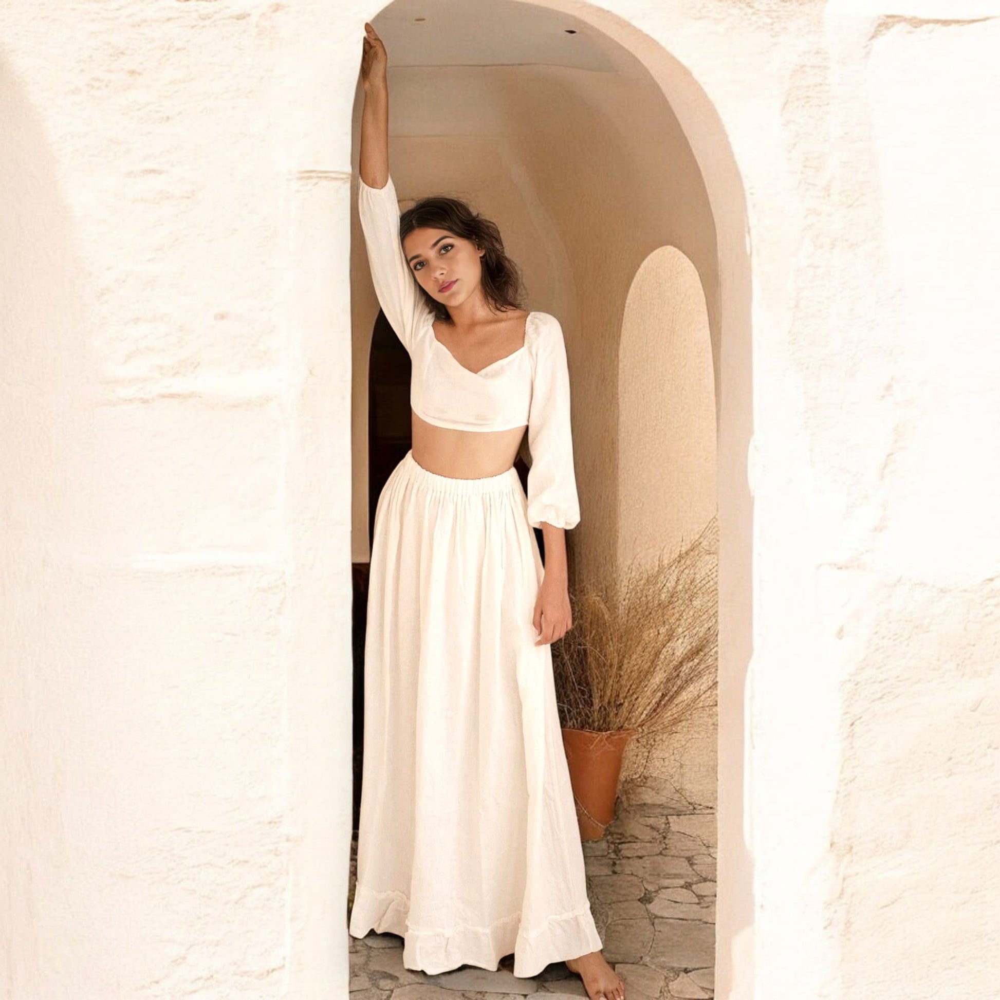 Linen Set Women, Puff Sleeve Top and Ruffle Maxi Skirt Set