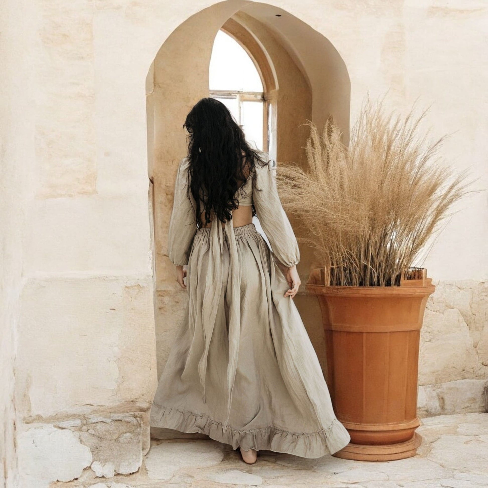 Linen Set Women, Puff Sleeve Top and Ruffle Maxi Skirt Set