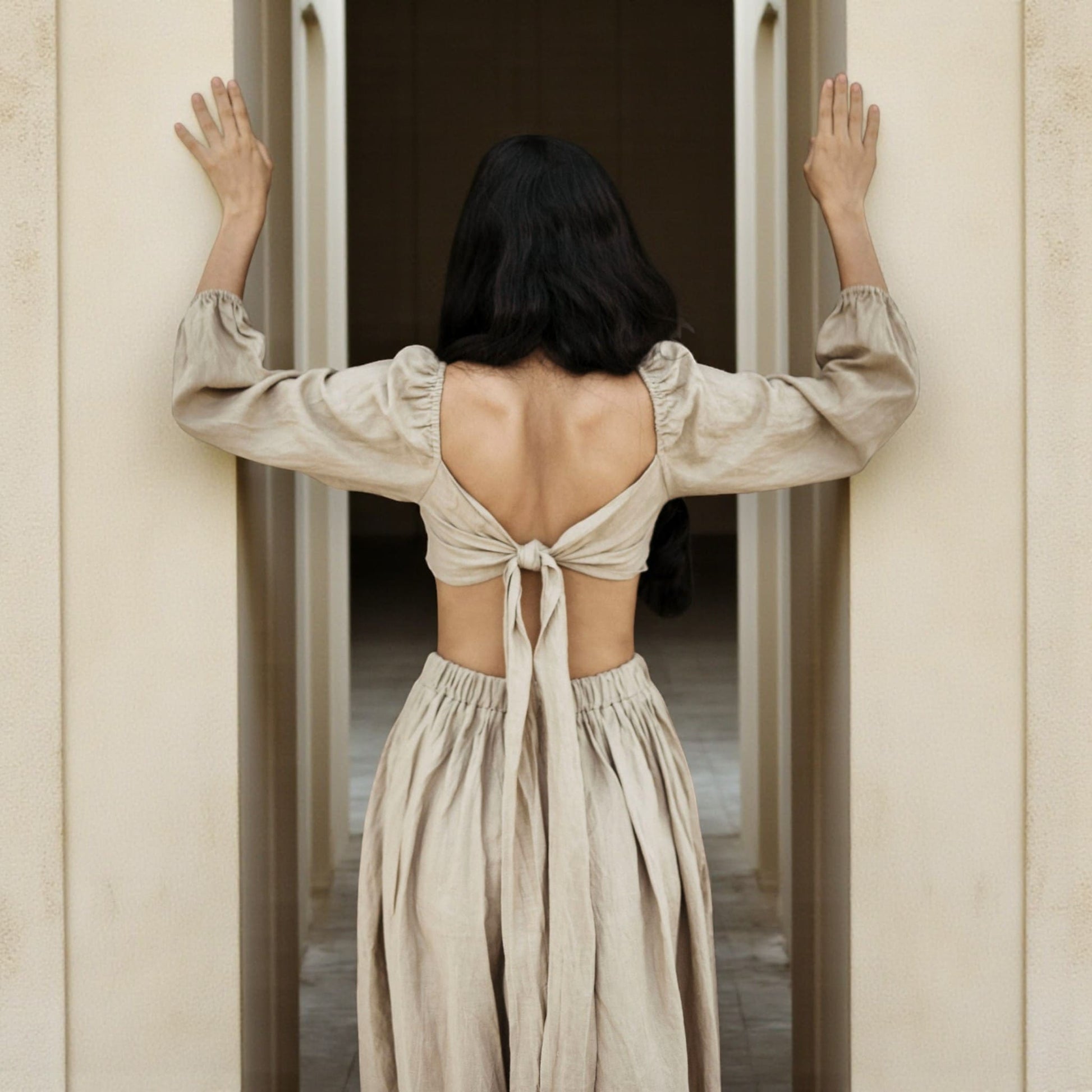 Linen Set Women, Puff Sleeve Top and Ruffle Maxi Skirt Set