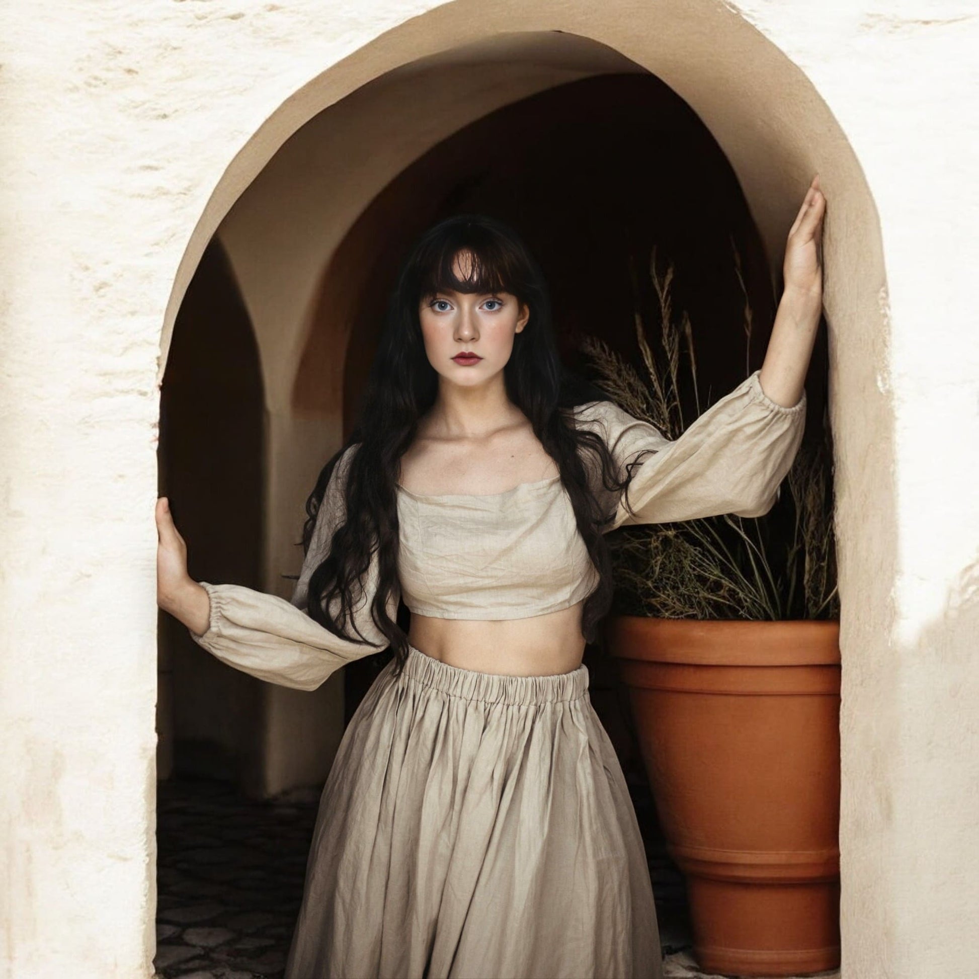 Linen Set Women, Puff Sleeve Top and Ruffle Maxi Skirt Set