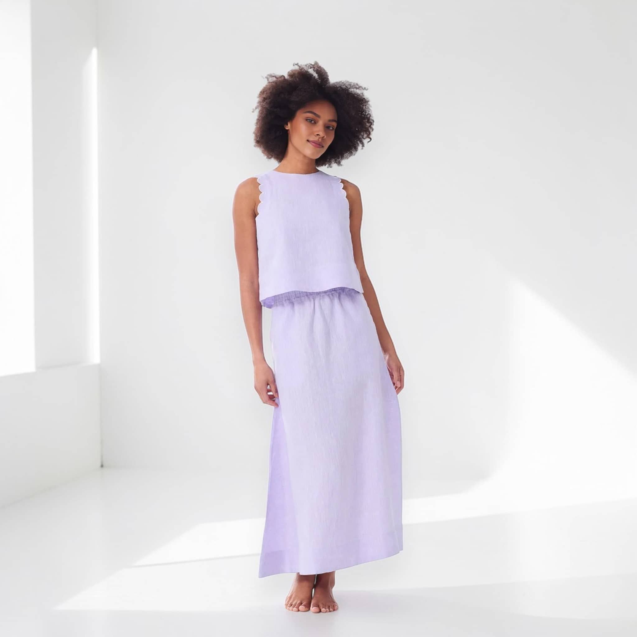Linen Set Women, Scalloped Tank Top And Maxi Skirt Set