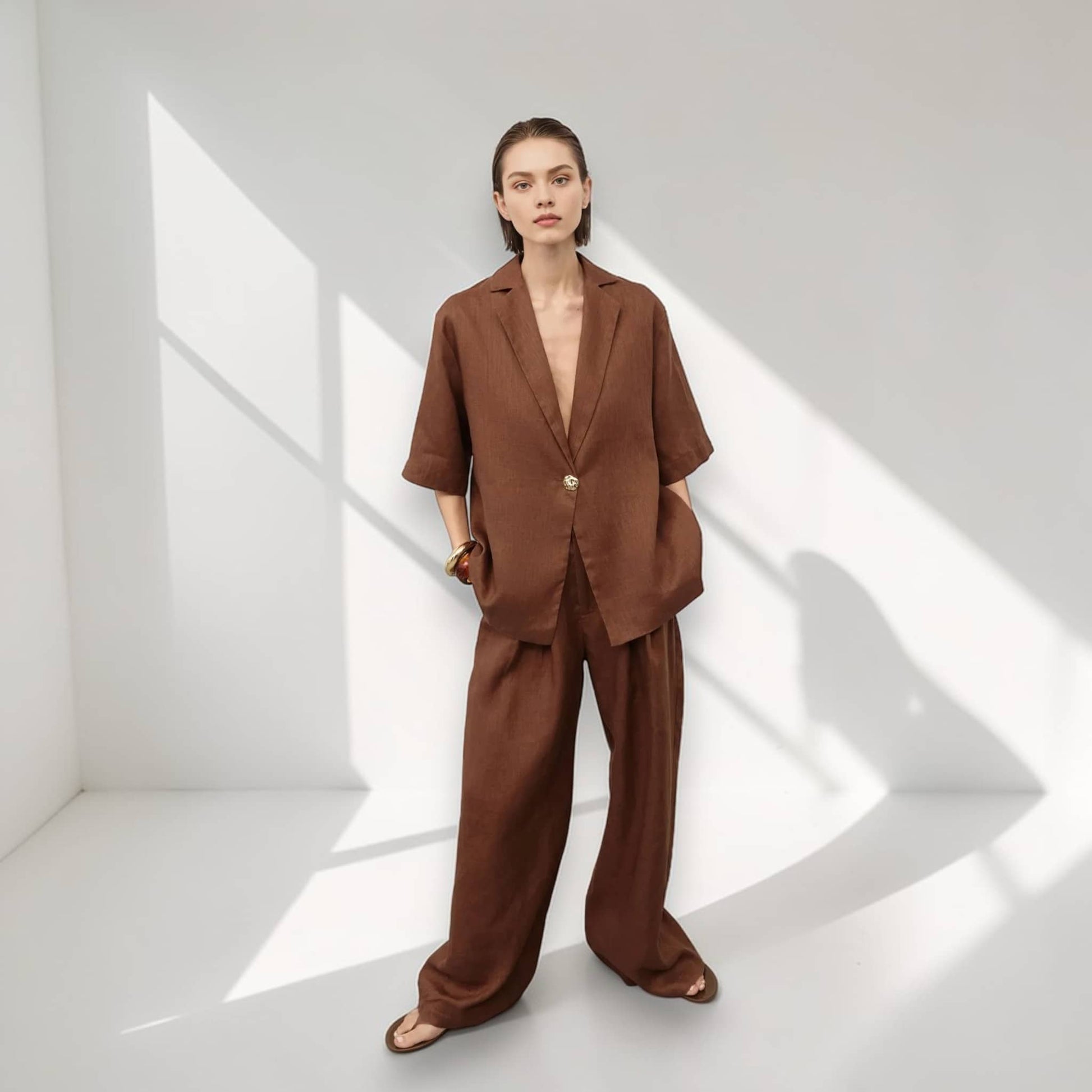 Linen Set Women, Short Sleeve Blazer And Wide Leg Pants Set