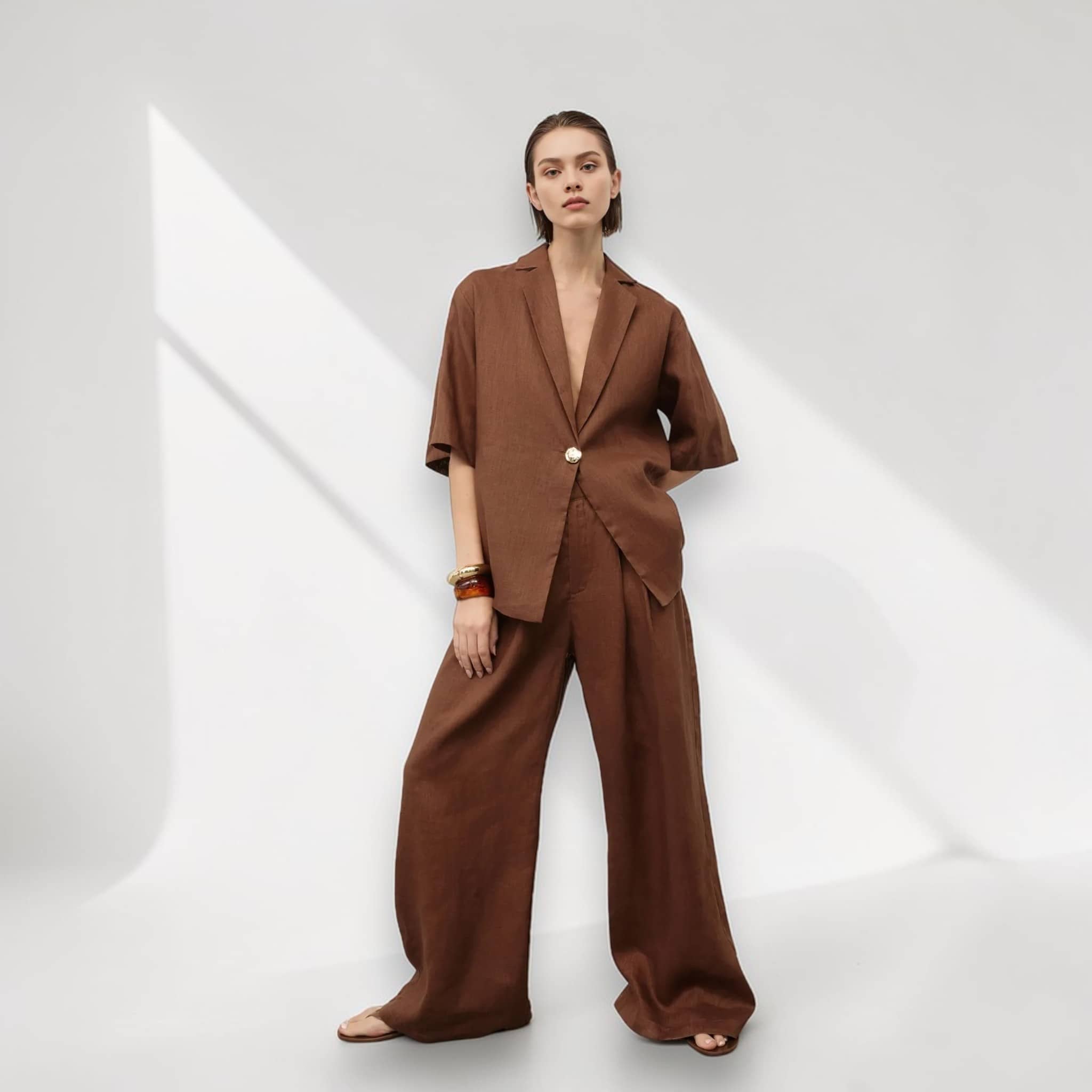 Linen Set Women, Short Sleeve Blazer And Wide Leg Pants Set