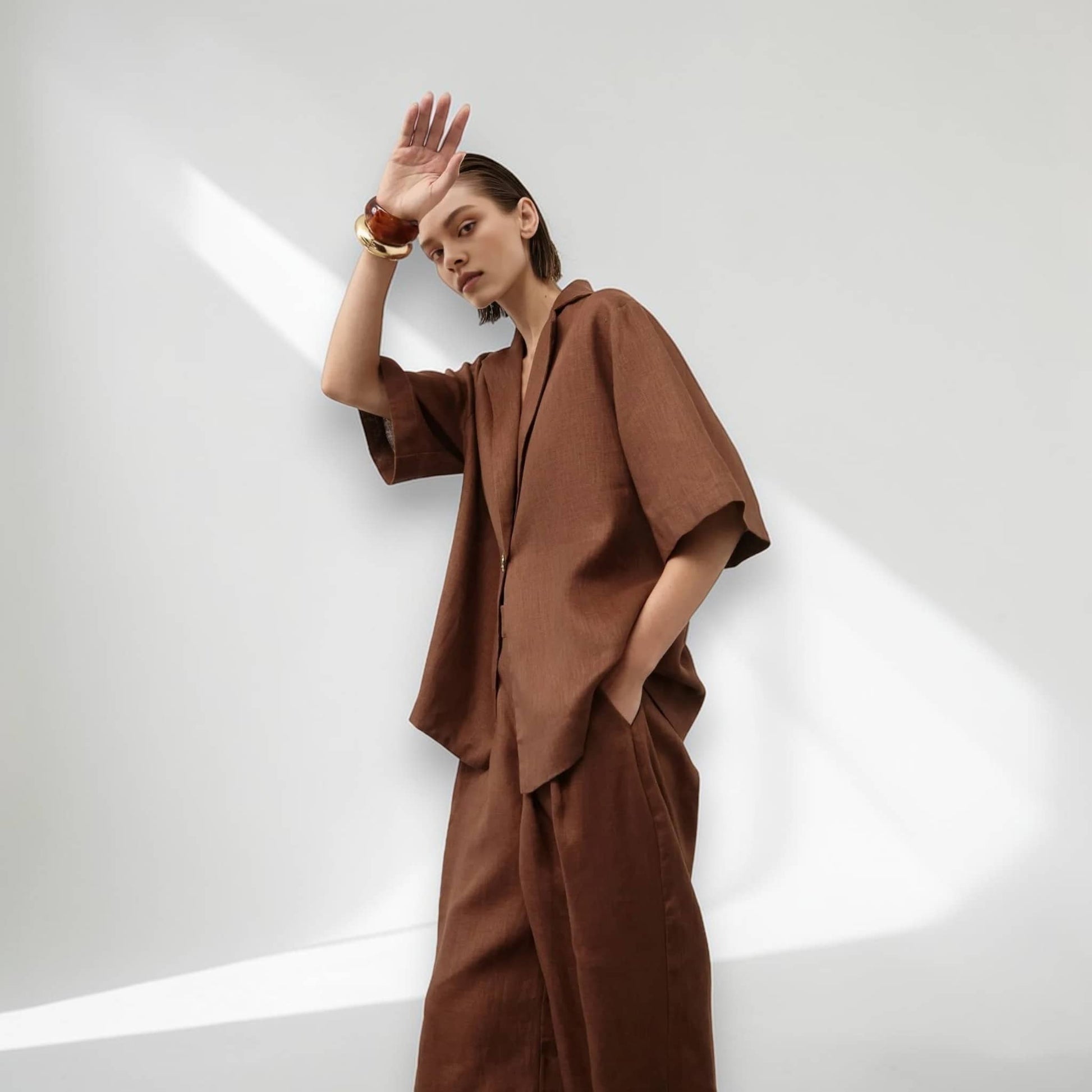 Linen Set Women, Short Sleeve Blazer And Wide Leg Pants Set