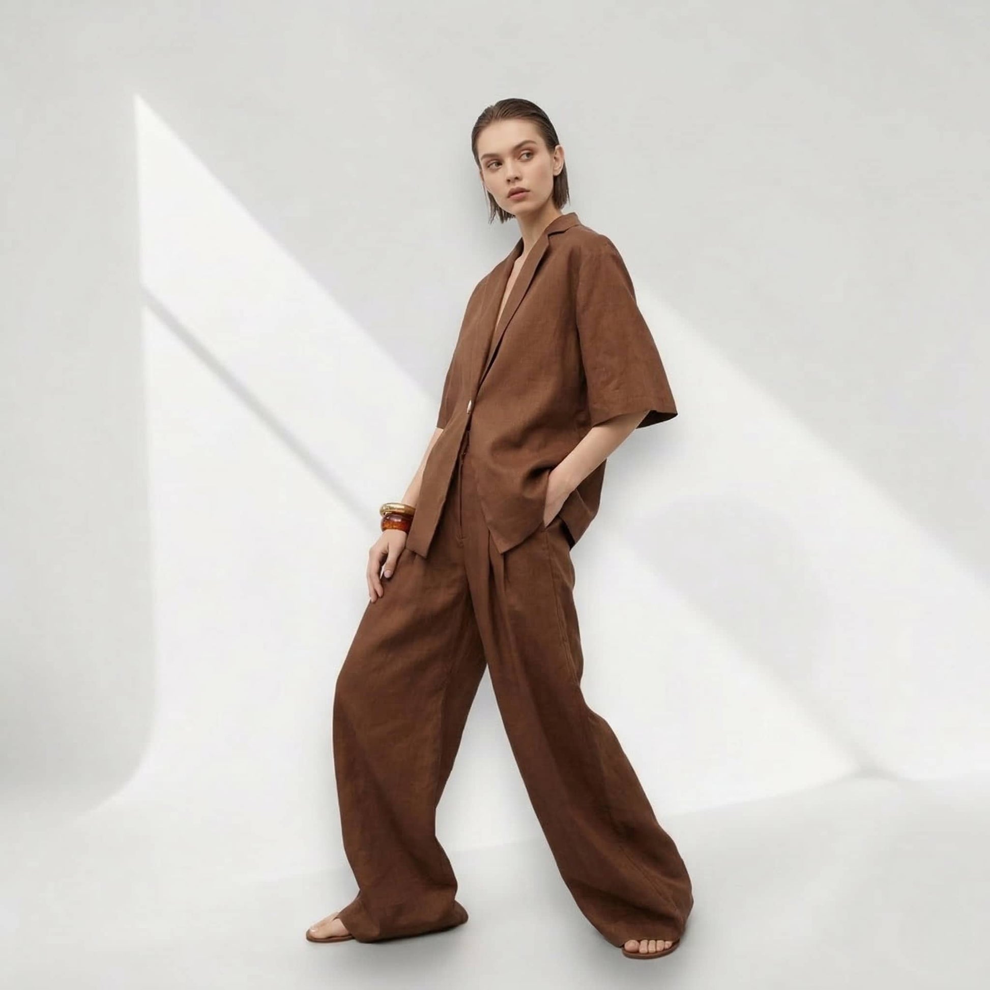 Linen Set Women, Short Sleeve Blazer And Wide Leg Pants Set