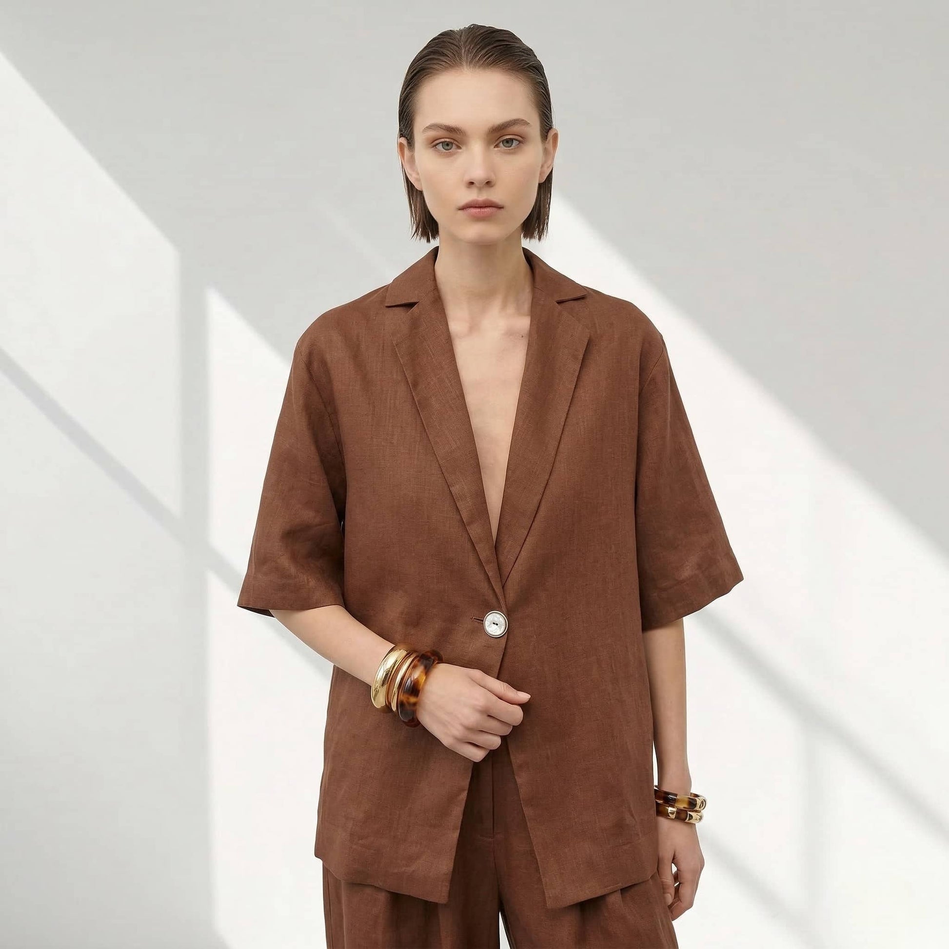 Linen Set Women, Short Sleeve Blazer And Wide Leg Pants Set