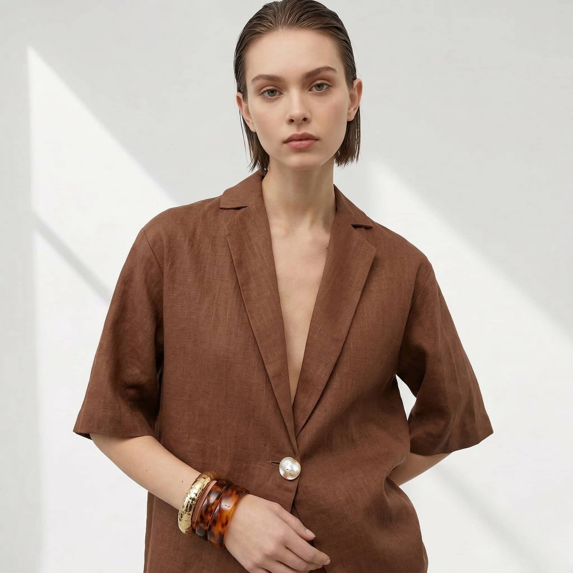 Linen Set Women, Short Sleeve Blazer And Wide Leg Pants Set