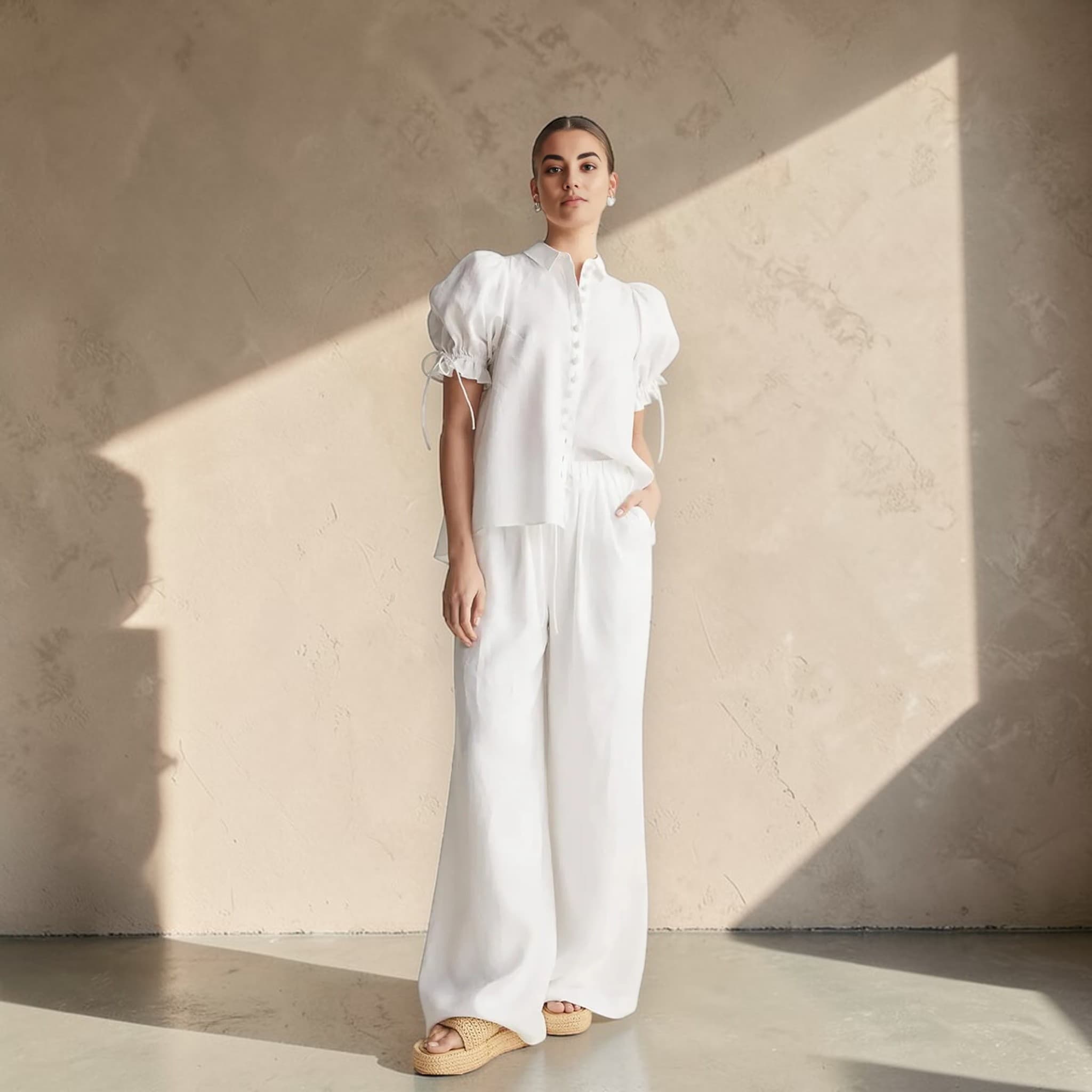 Linen Set Women, Short Sleeve Linen Shirt And Wide Leg Pants Set