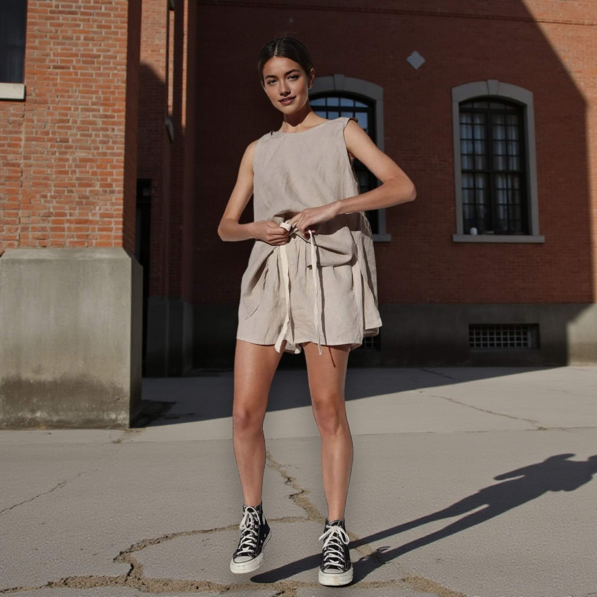 Linen Set Women, Sleeveless Linen Top And Drawstring Shorts Set