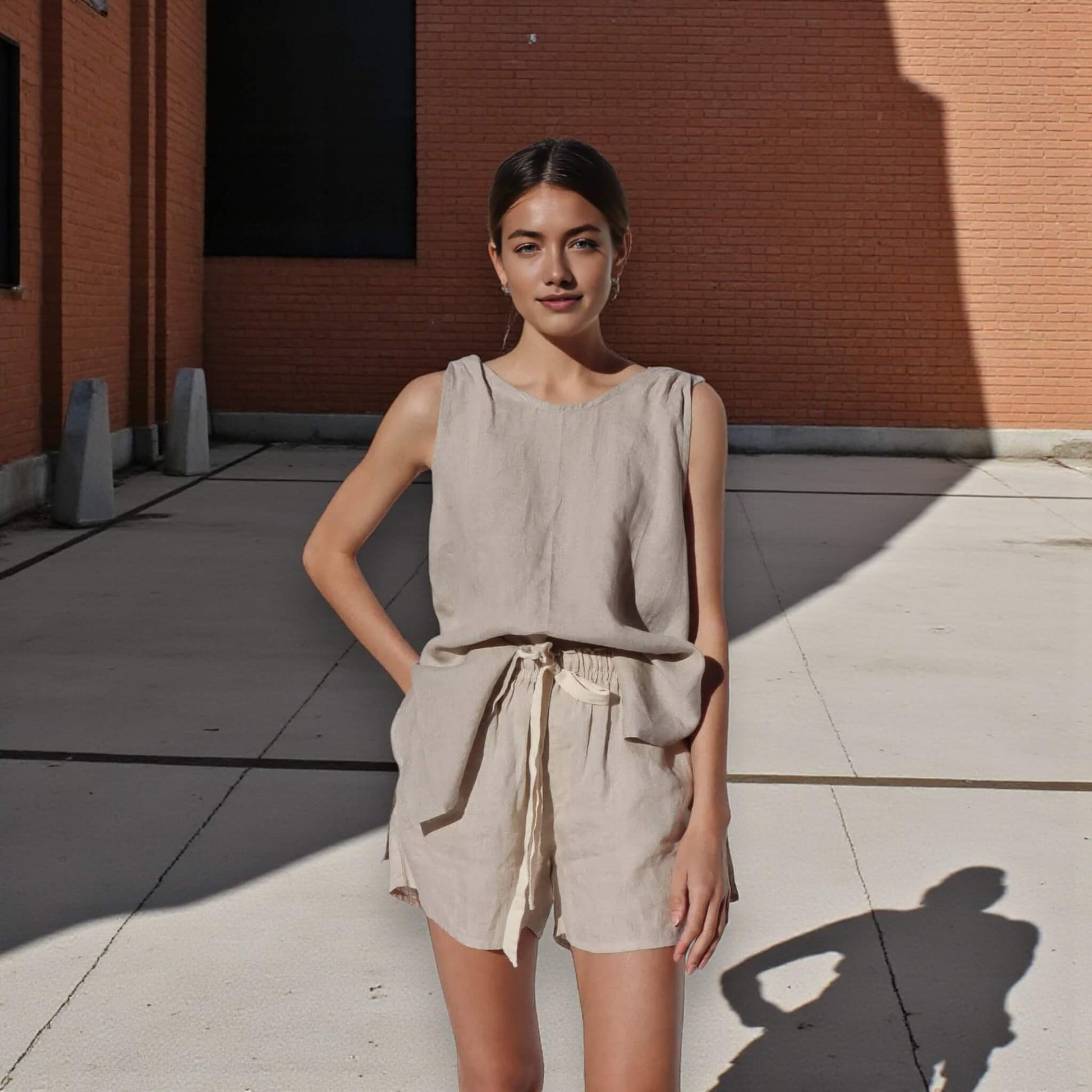 Linen Set Women, Sleeveless Linen Top And Drawstring Shorts Set