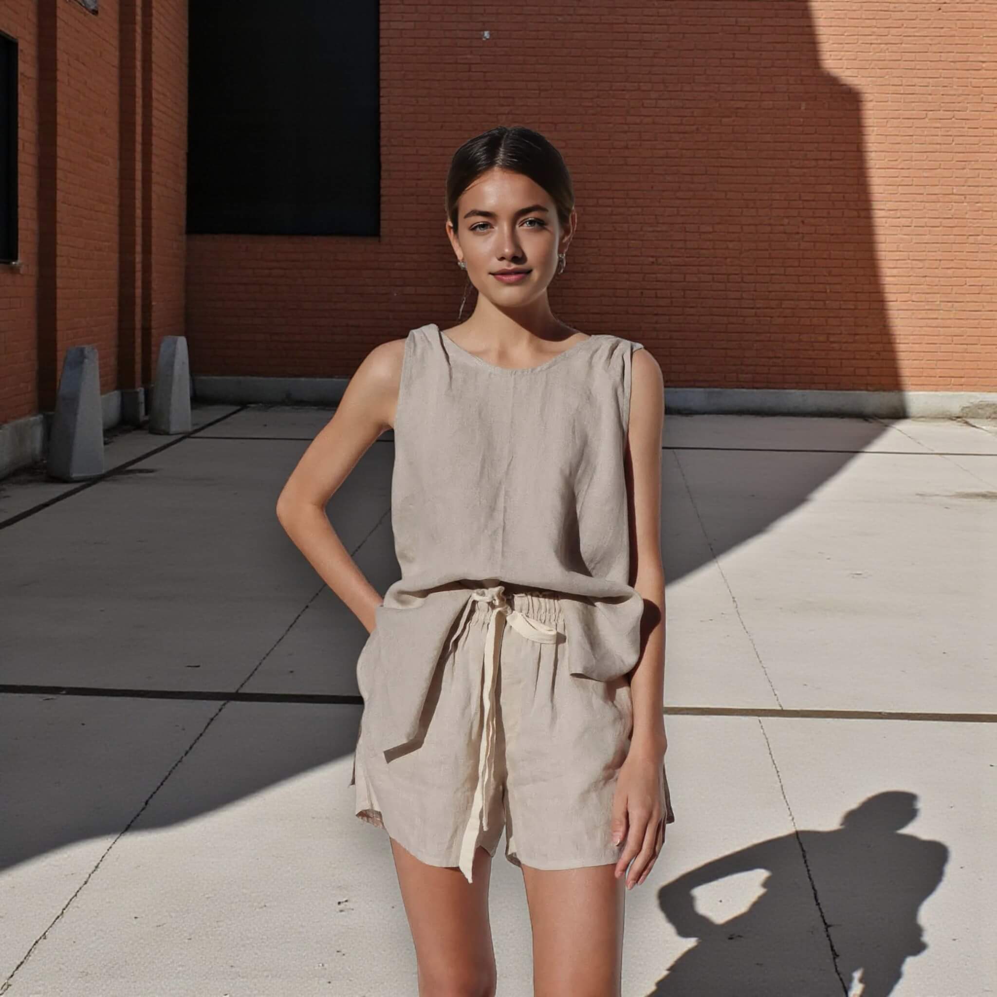 Linen Set Women, Sleeveless Linen Top And Drawstring Shorts Set