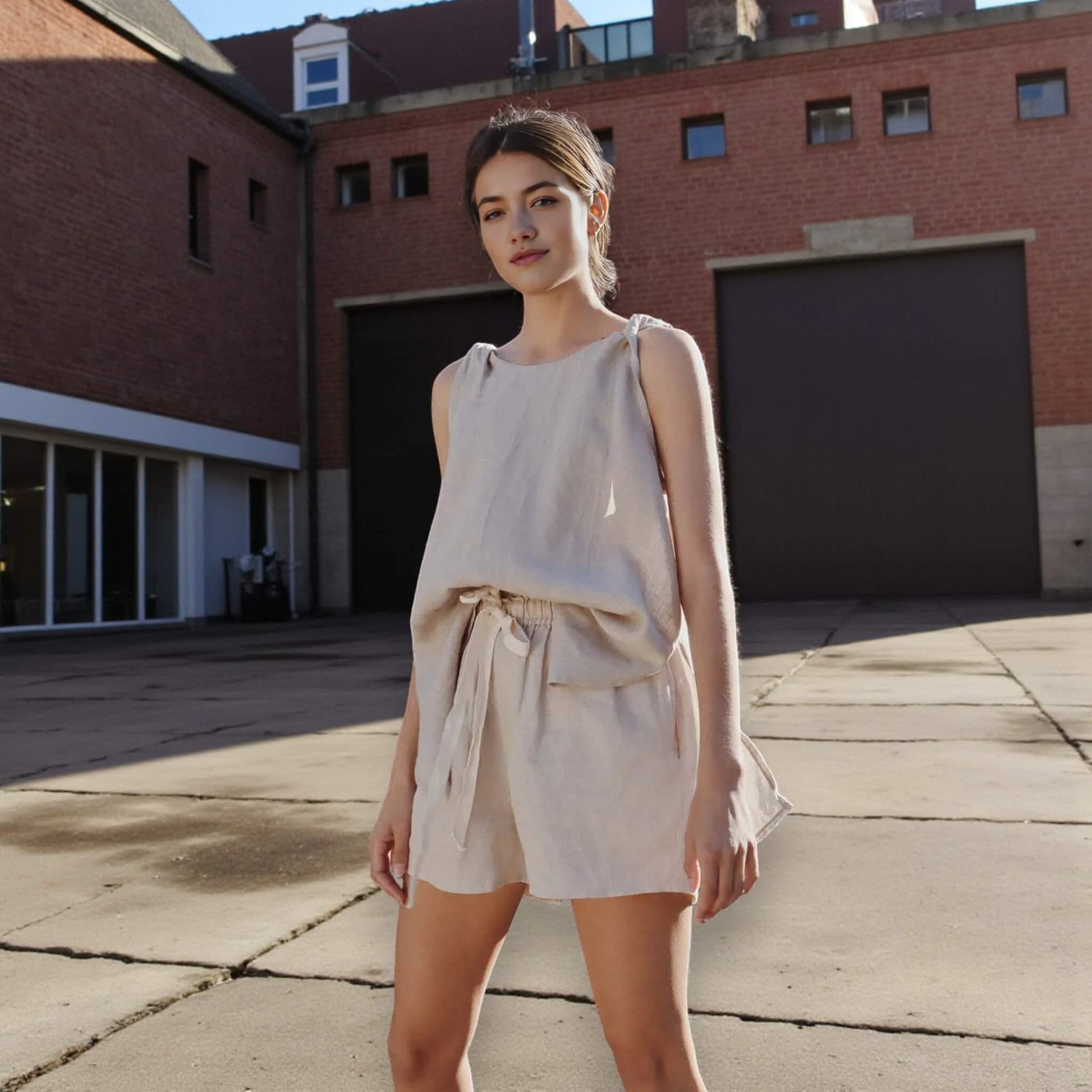 Linen Set Women, Sleeveless Linen Top And Drawstring Shorts Set