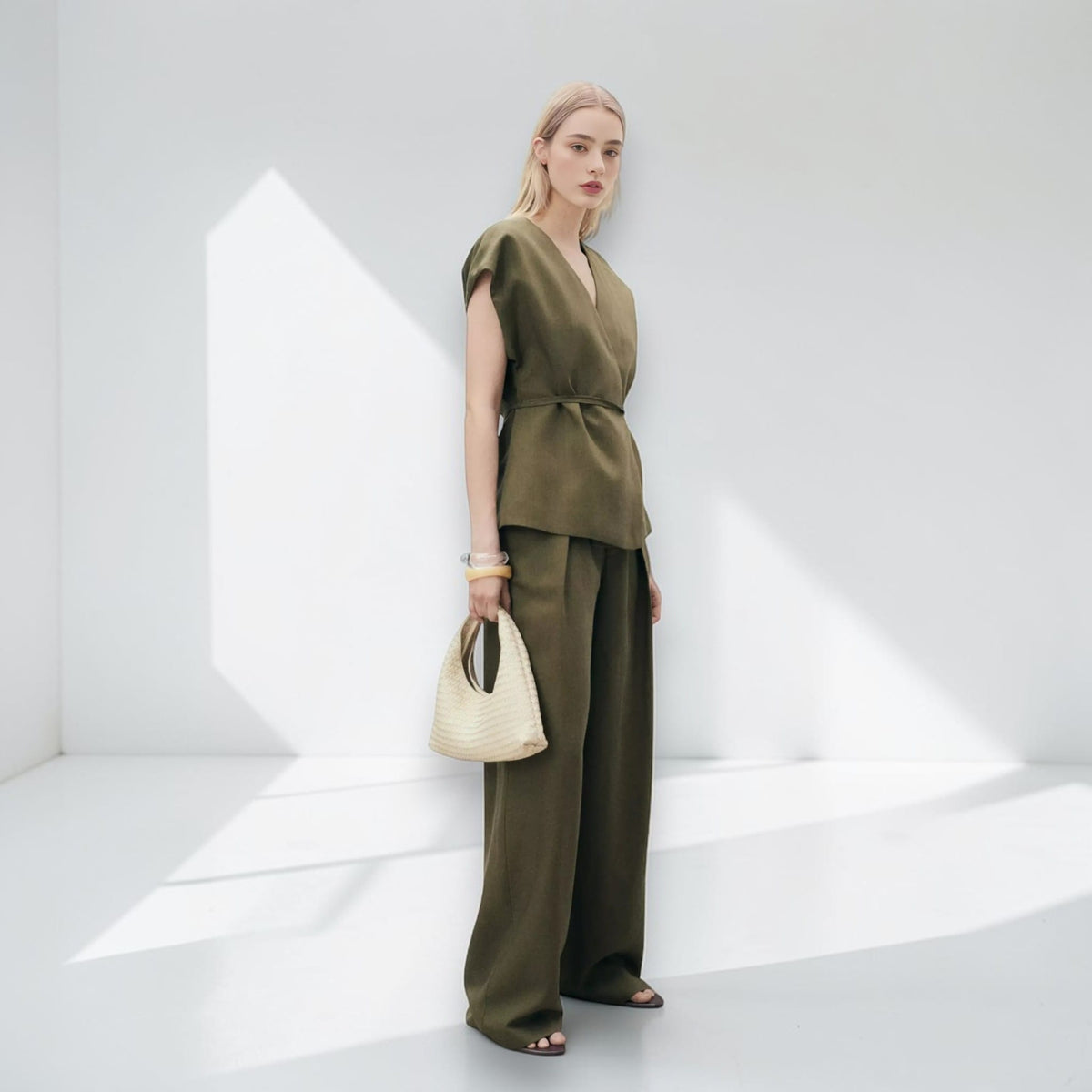 Linen Set Women, Sleeveless Linen Wrap Top And Wide Leg Pants Set