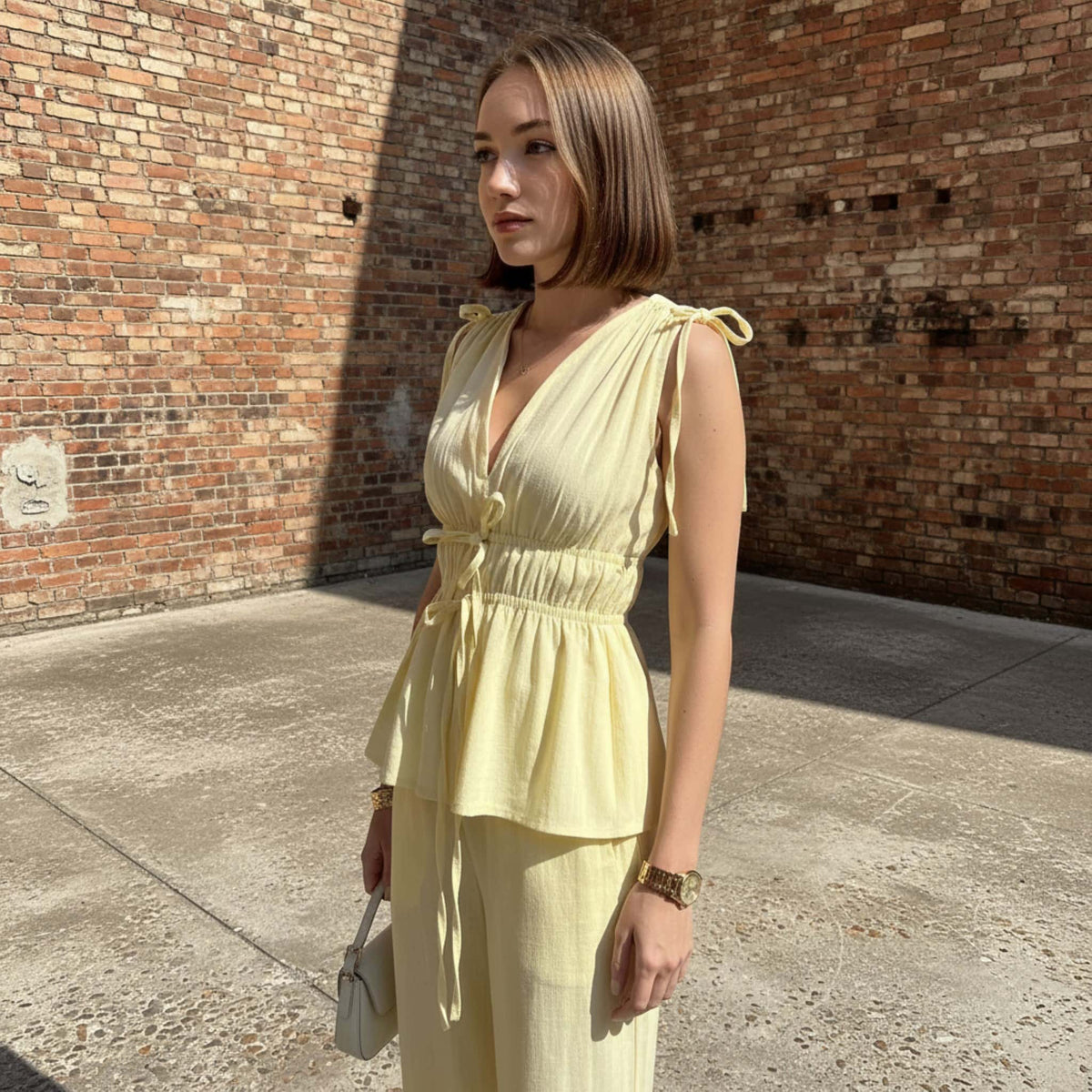 Linen Set Women, Sleeveless Peplum Top And Linen Pants Set