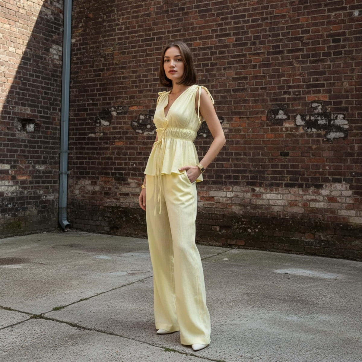 Linen Set Women, Sleeveless Peplum Top And Linen Pants Set