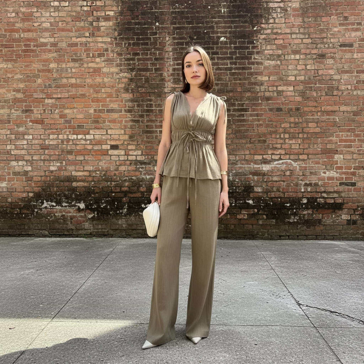 Linen Set Women, Sleeveless Peplum Top And Linen Pants Set