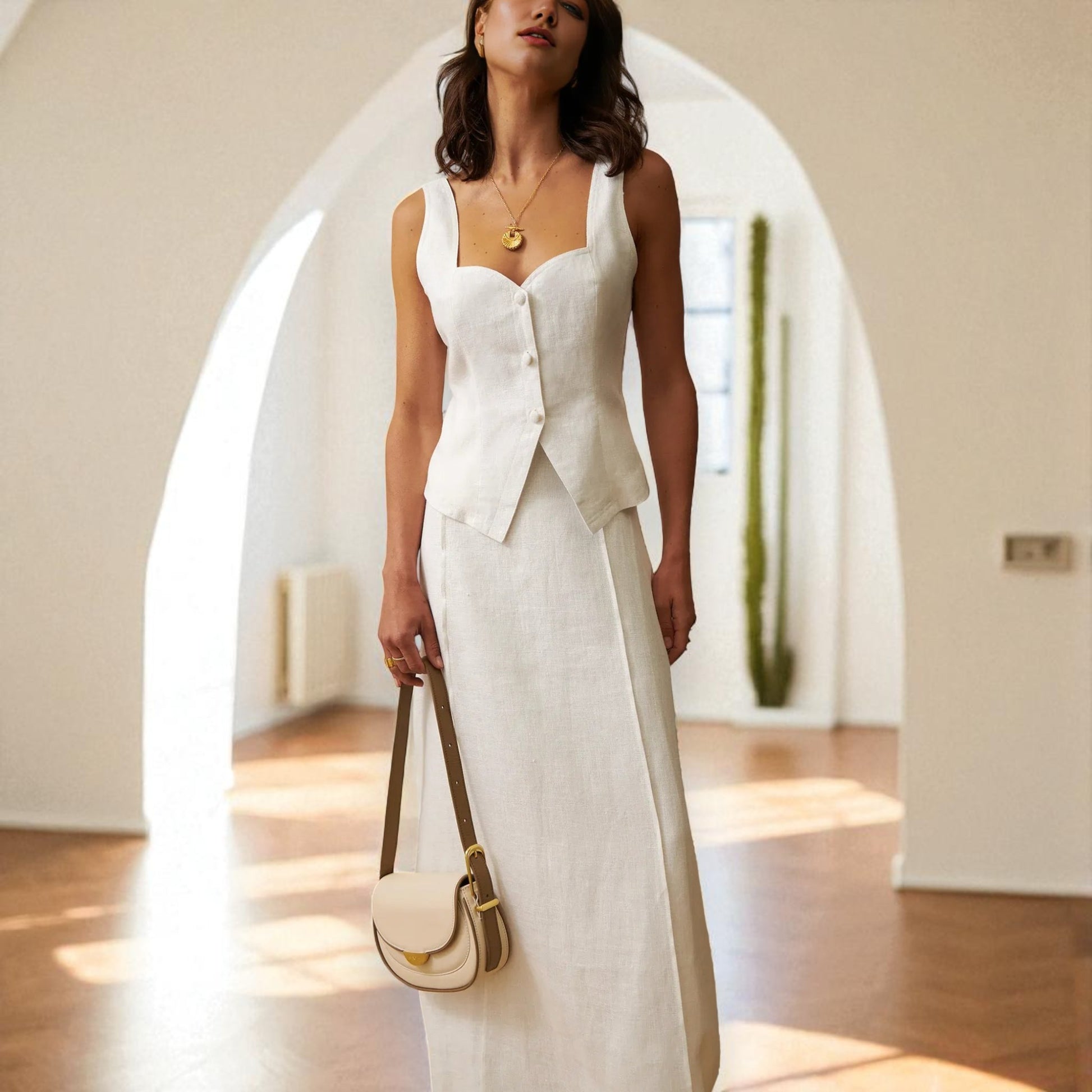 Linen Set Women, Sleeveless Vest Top And Pencil Skirt Set