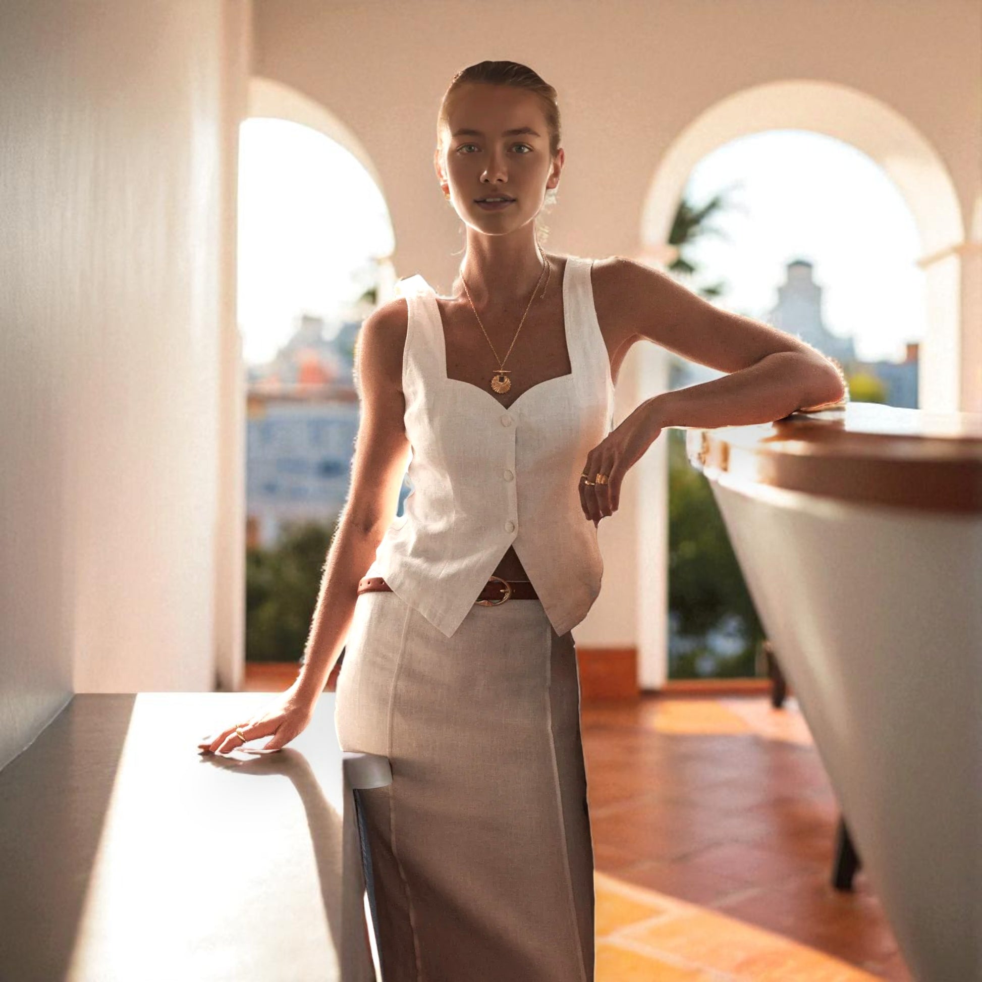 Linen Set Women, Sleeveless Vest Top And Pencil Skirt Set