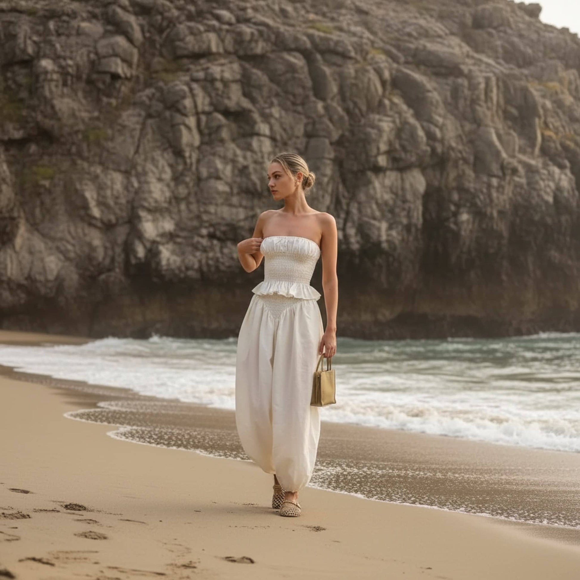 Linen Set Women, Smocked Tube Top And Wide Leg Pants Set