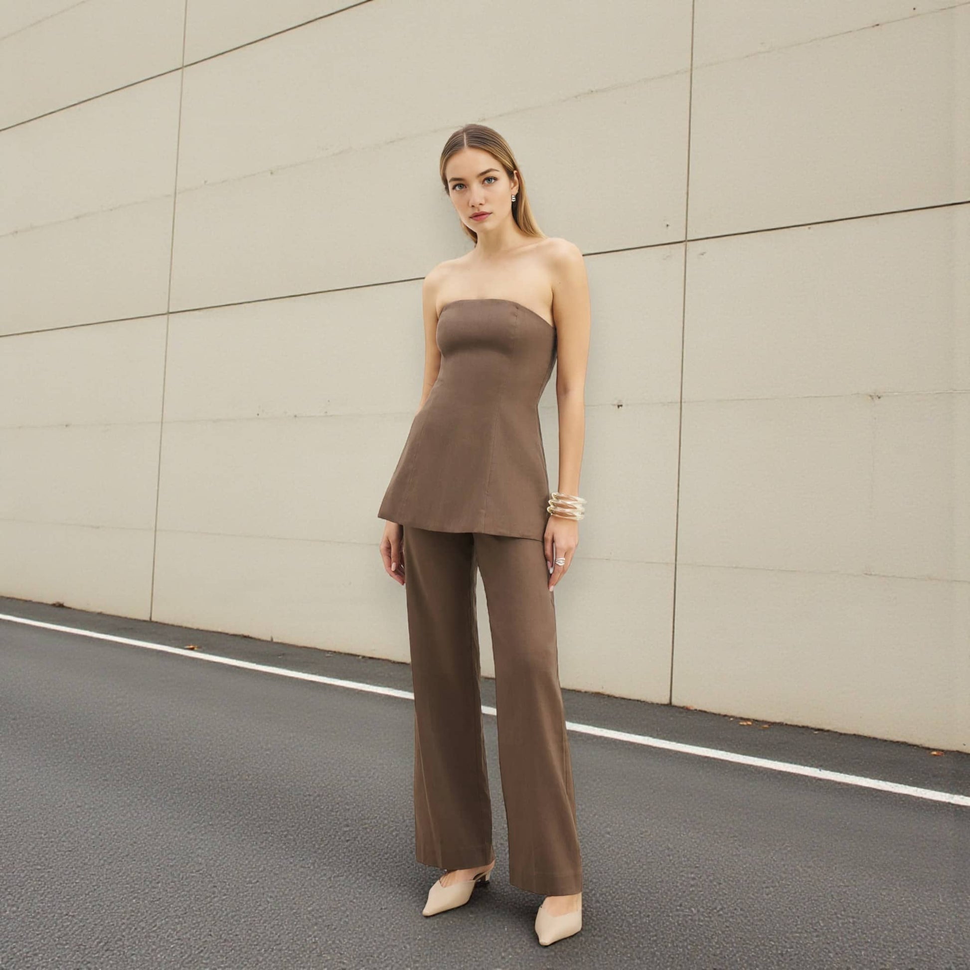 Linen Set Women, Strapless Peplum Top and Wide Leg Pants Set
