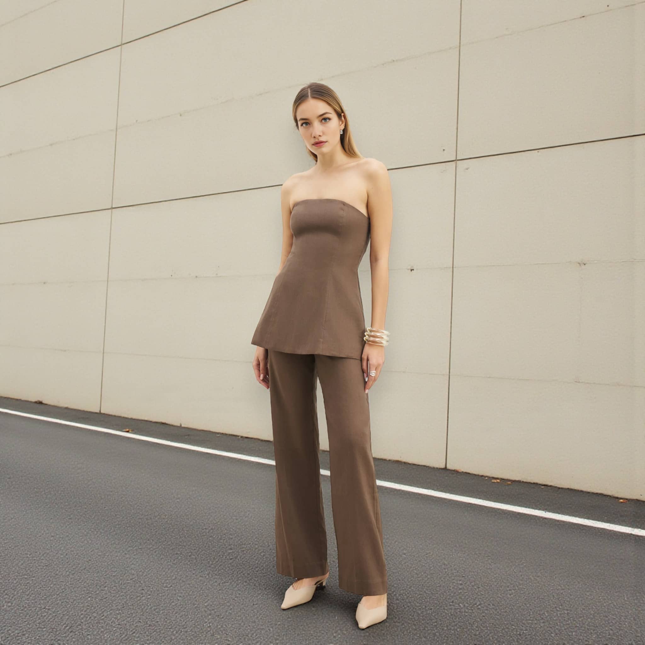 Linen Set Women, Strapless Peplum Top and Wide Leg Pants Set
