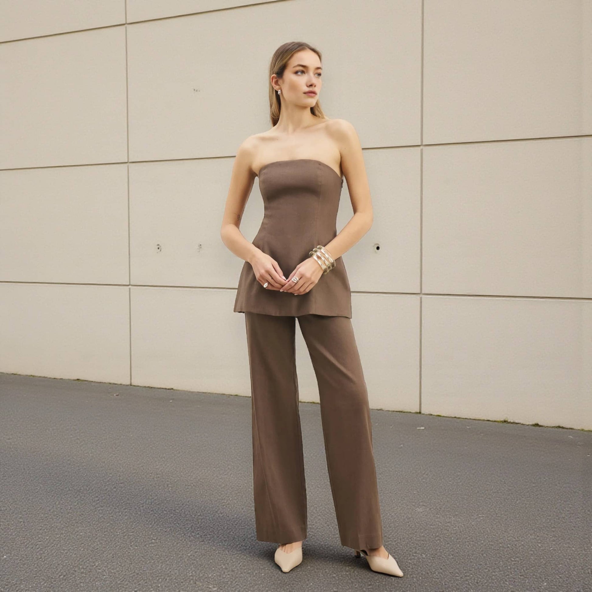 Linen Set Women, Strapless Peplum Top and Wide Leg Pants Set

