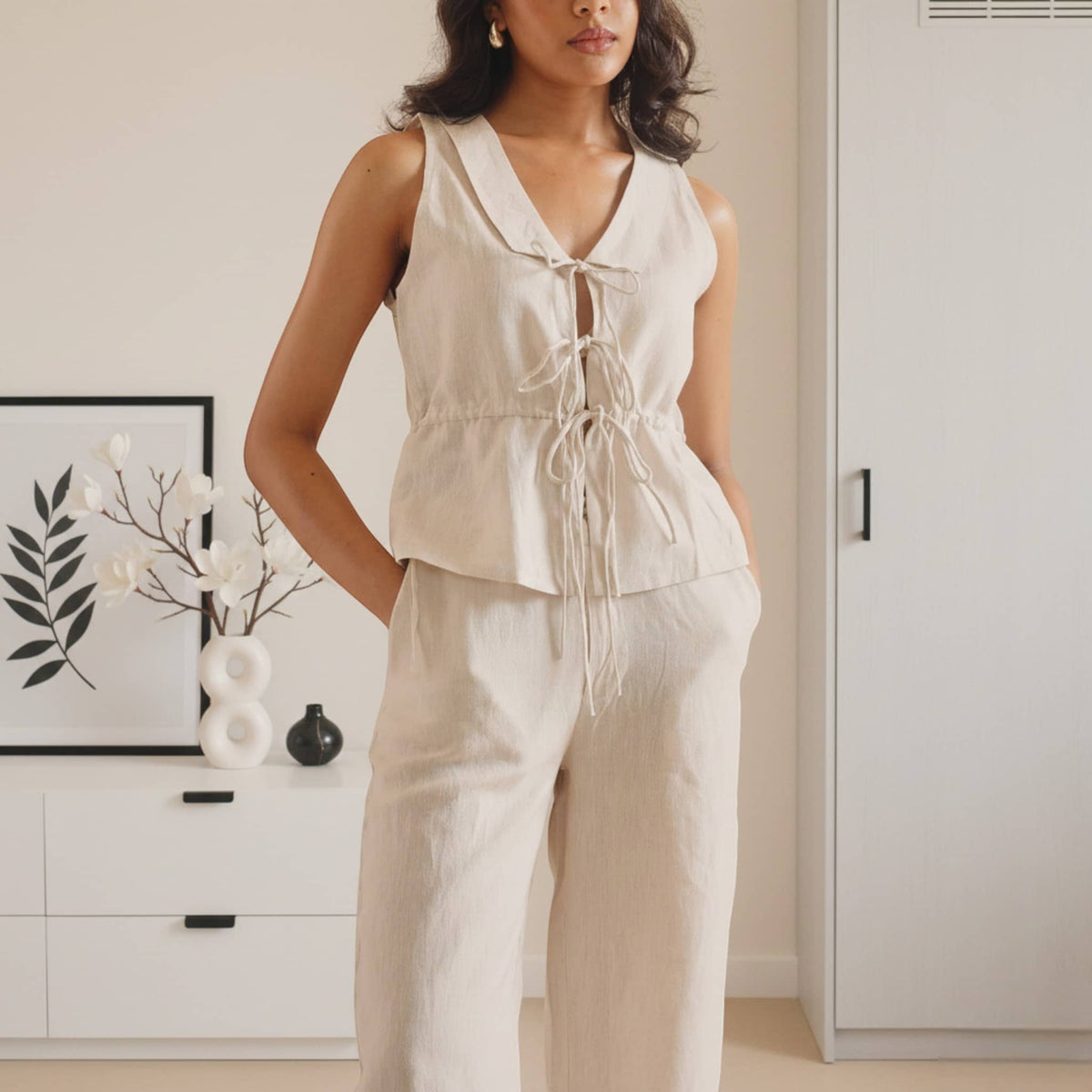 Linen Set Women, Tie Front Linen Top And Wide Leg Pants Set